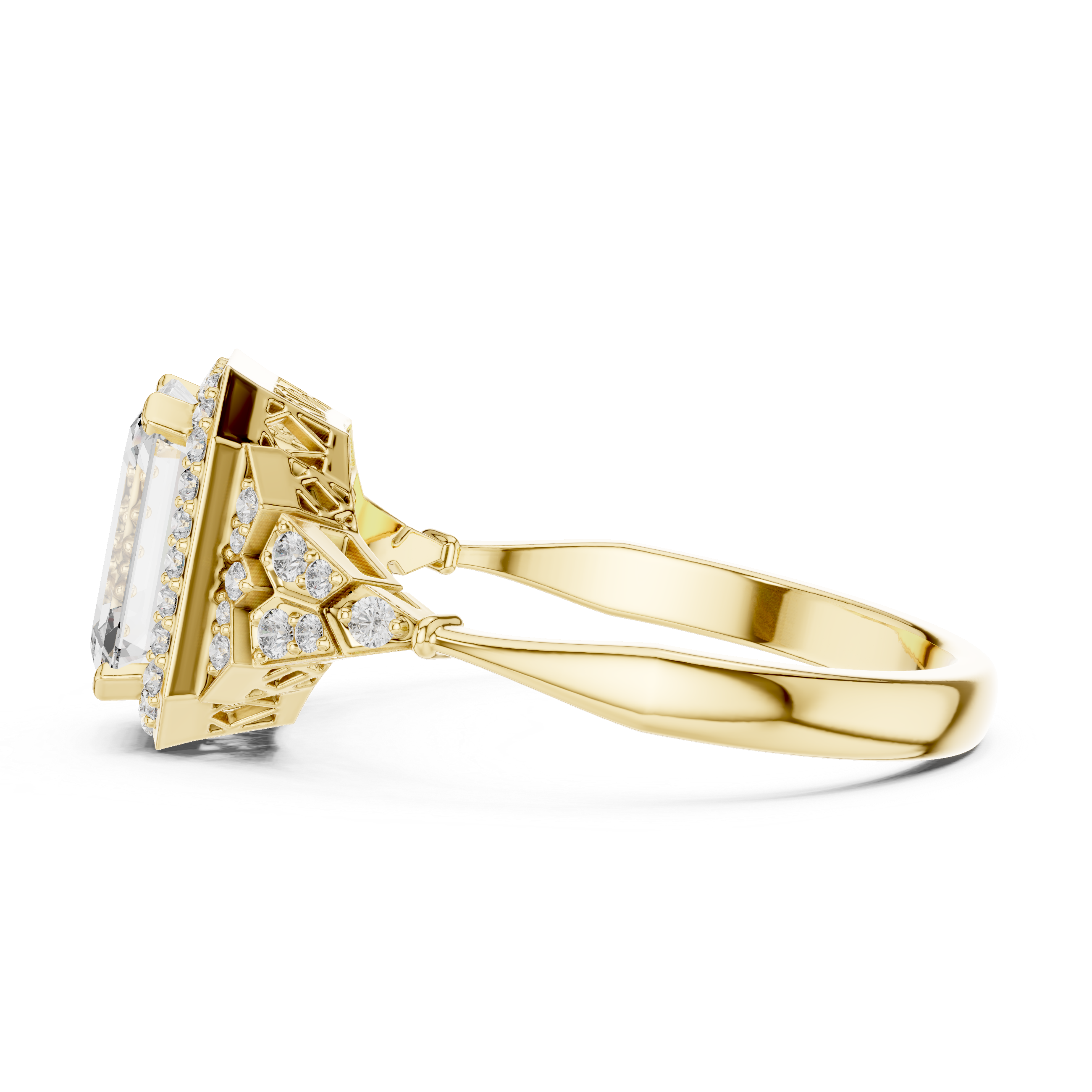 Muur Atelier Solid Gold Emerald Cut Vintage Diamond Halo with Filigree Detail