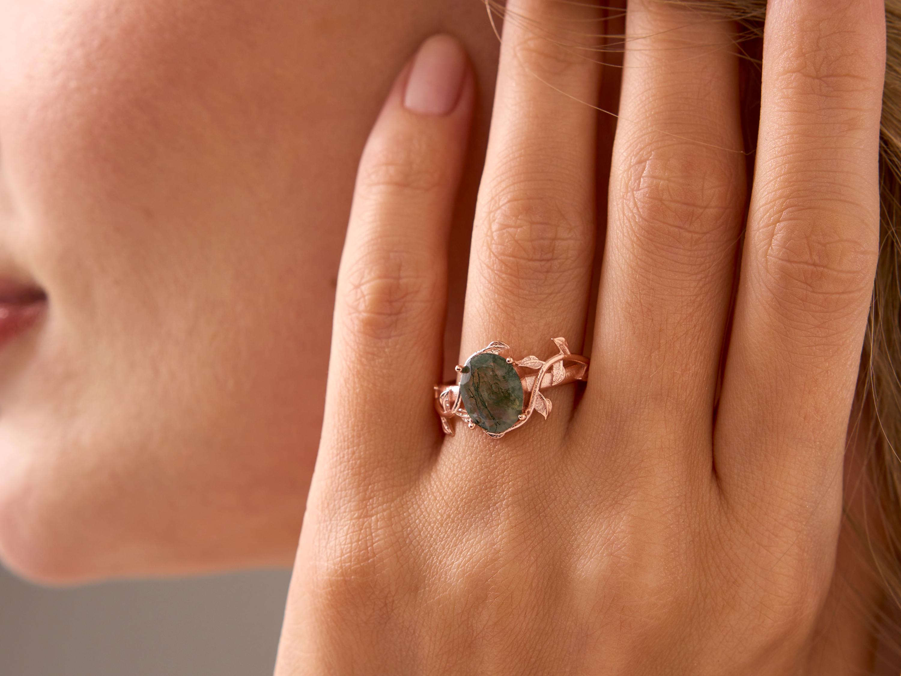 Moss Agate Engagement Ring, Moss Agate Ring Twigs