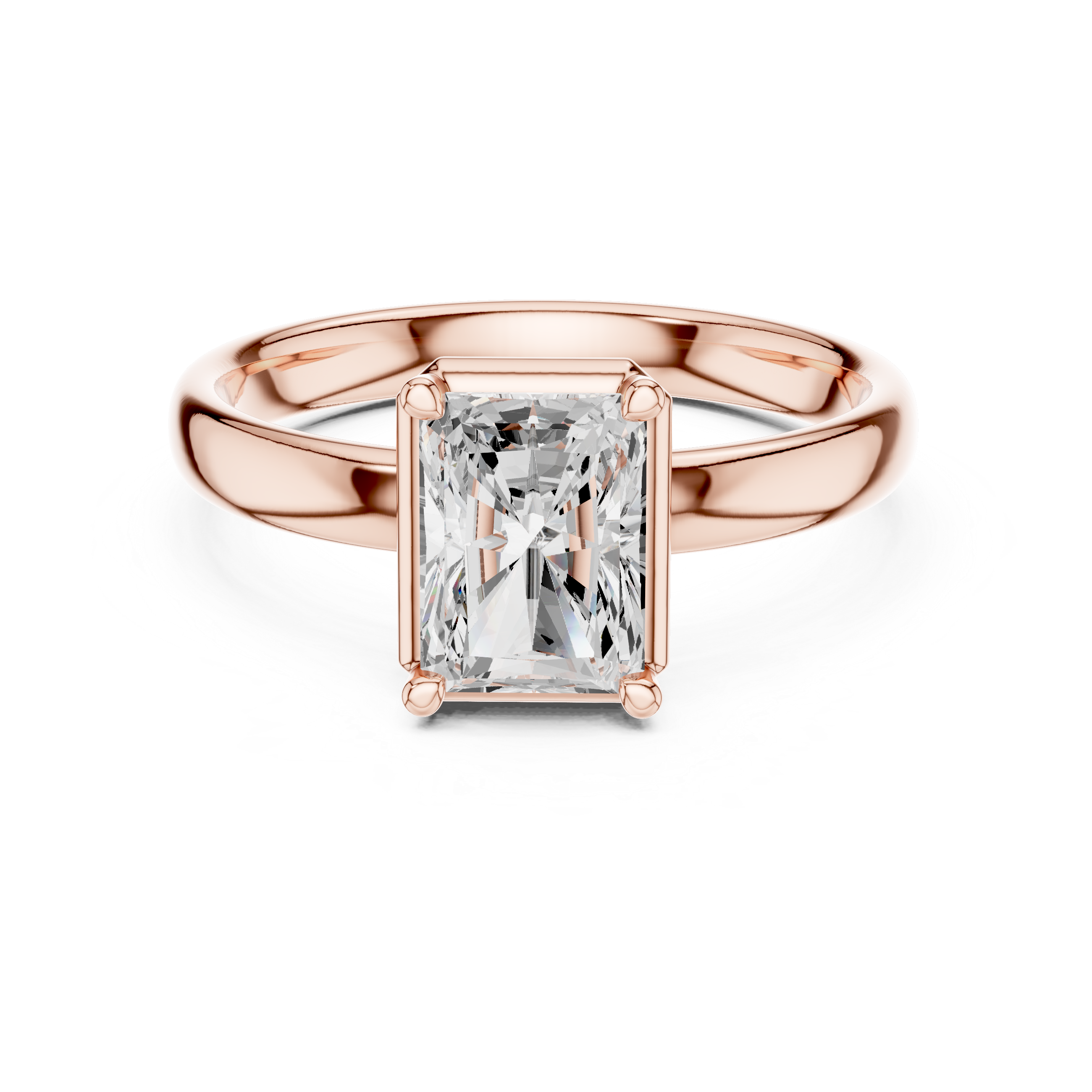 Rose gold ring with a large diamond on a white background