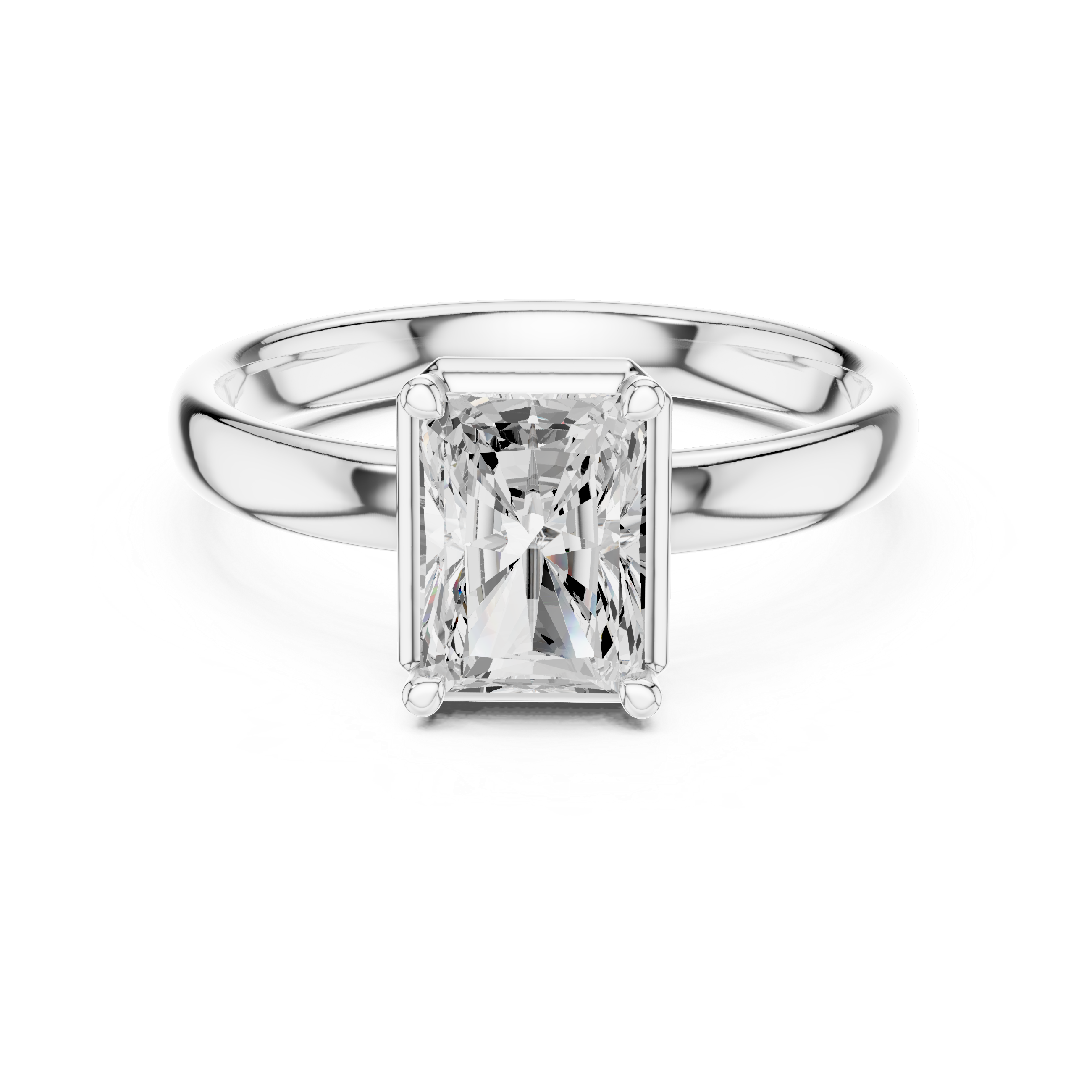 Silver ring with a large rectangular diamond on a white background