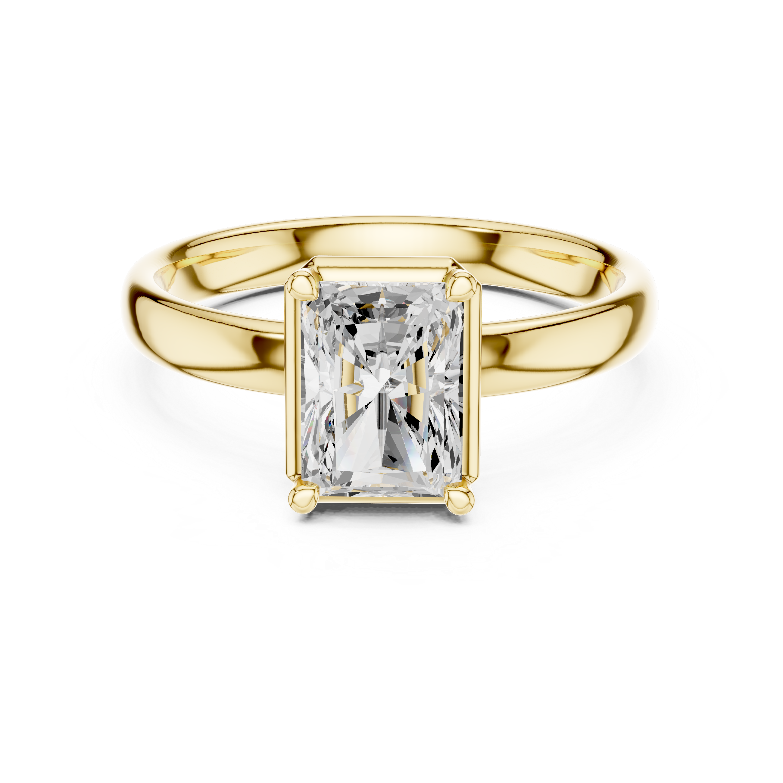 Gold ring with a rectangular diamond on a white background