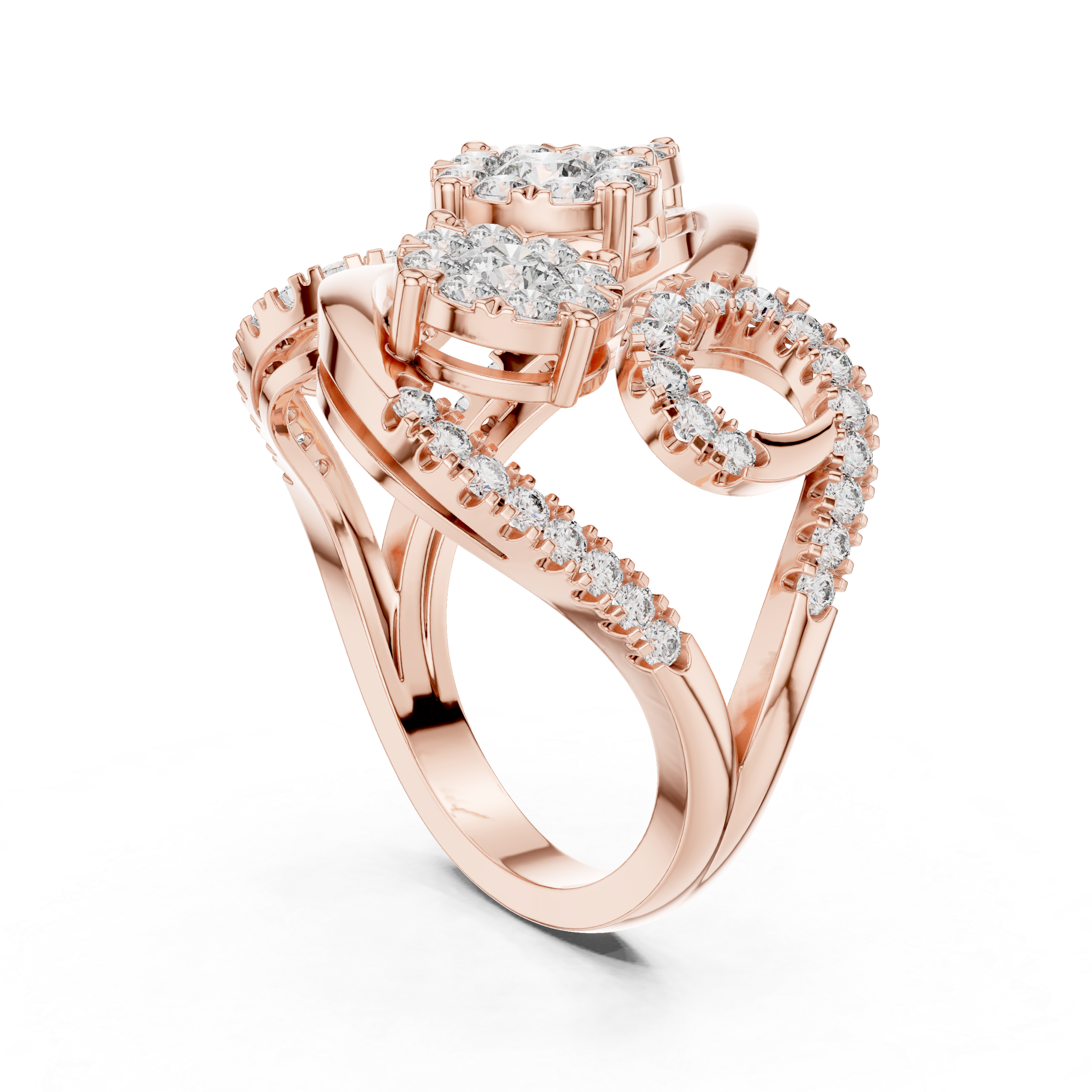 Muur Atelier Solid Gold Triple Floral Cluster Diamond Ring with Swirling Pavé
