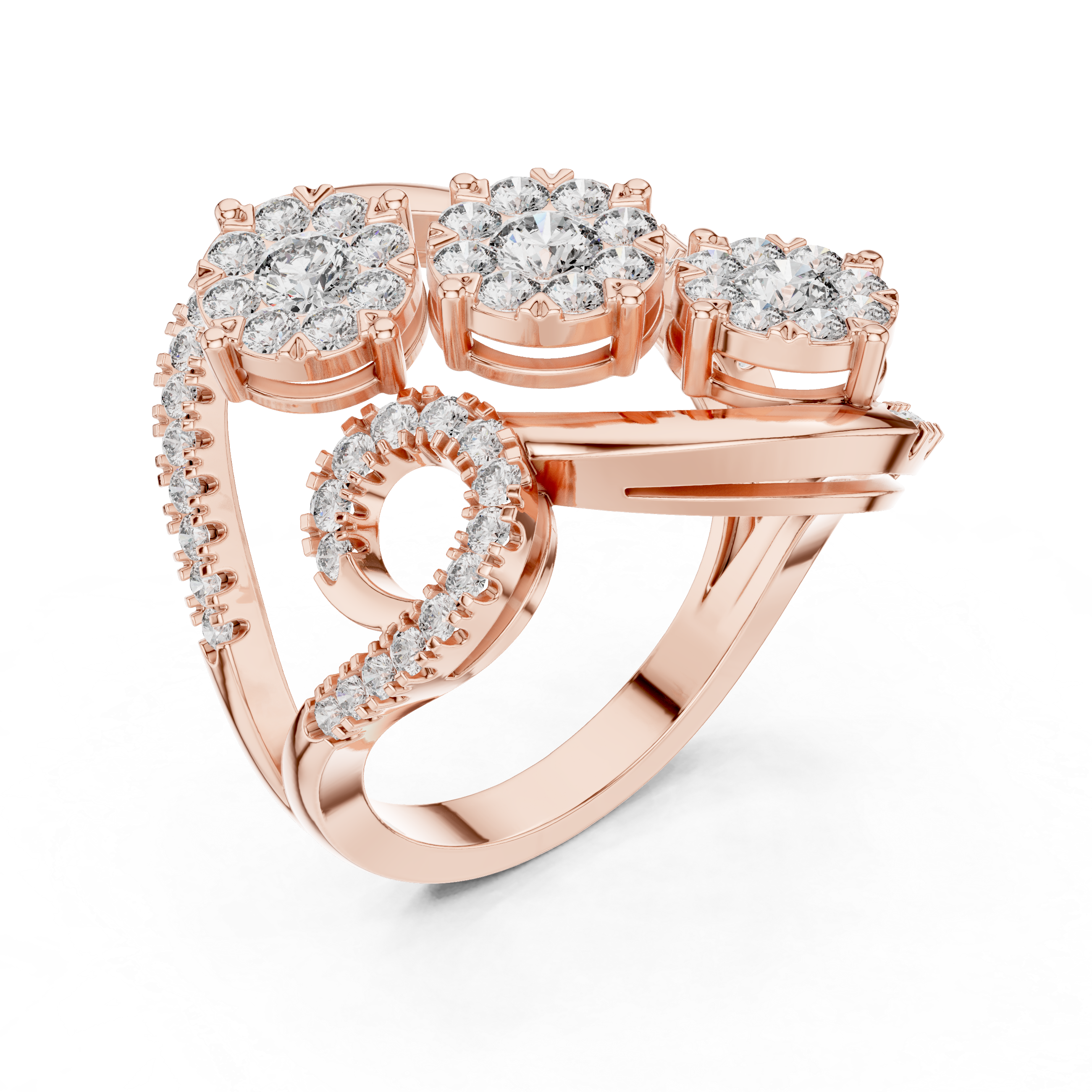 Muur Atelier Solid Gold Triple Floral Cluster Diamond Ring with Swirling Pavé