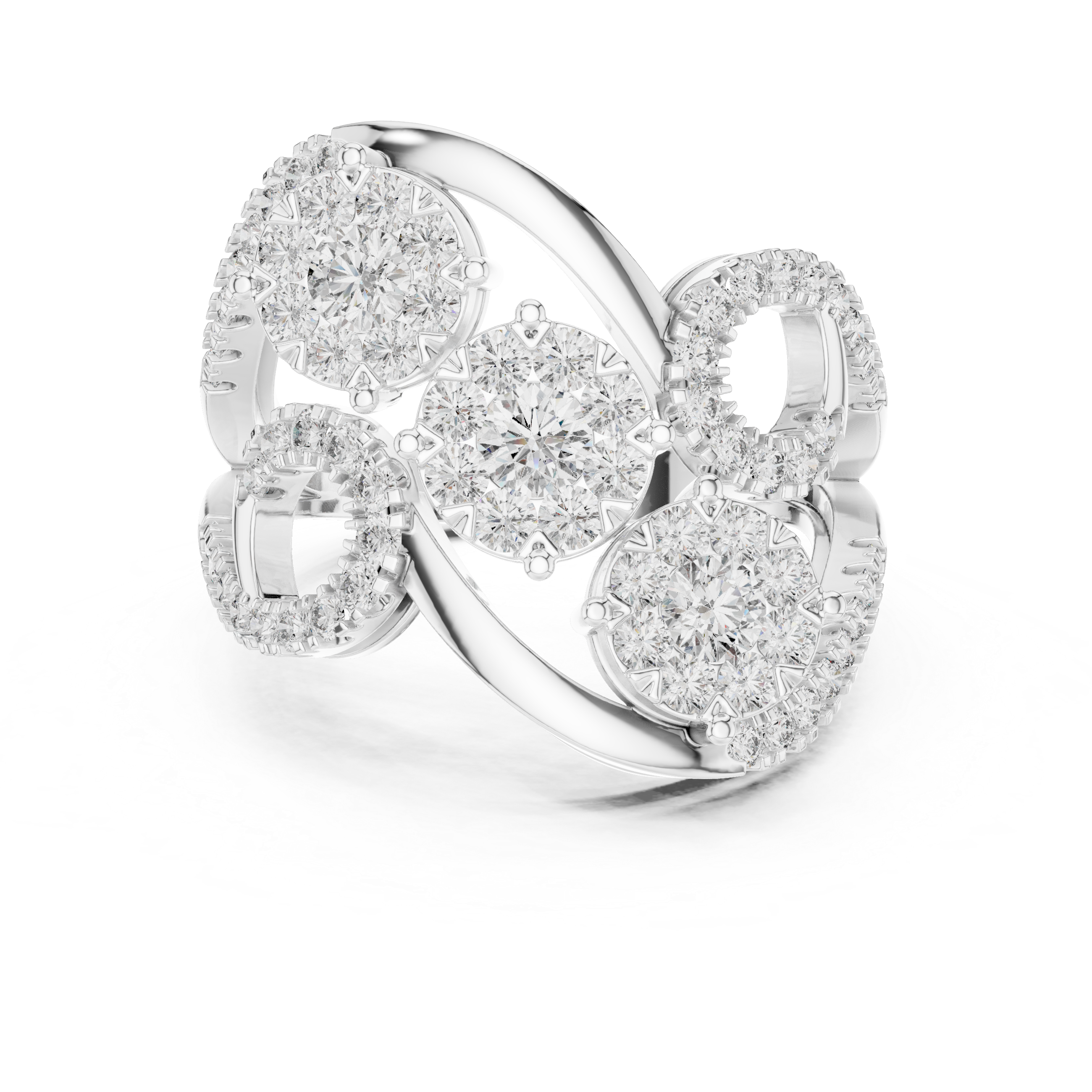 Muur Atelier Solid Gold Triple Floral Cluster Diamond Ring with Swirling Pavé