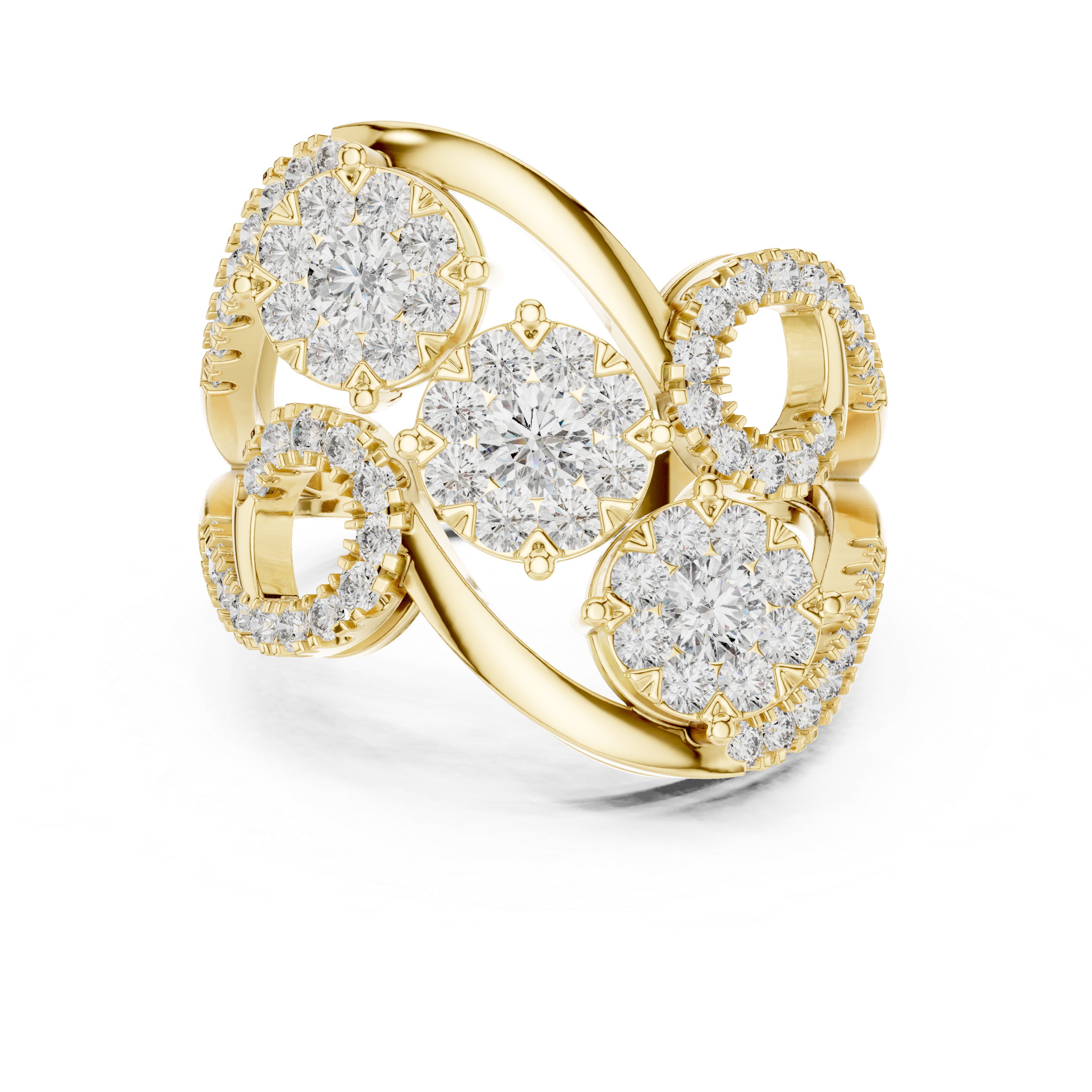 Muur Atelier Solid Gold Triple Floral Cluster Diamond Ring with Swirling Pavé