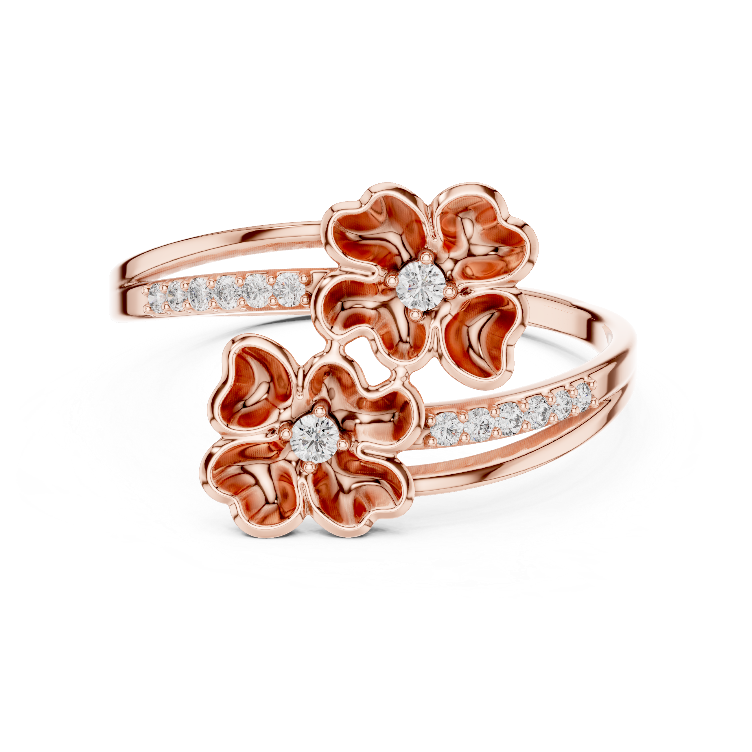 Gold floral ring with diamond accents on a white background