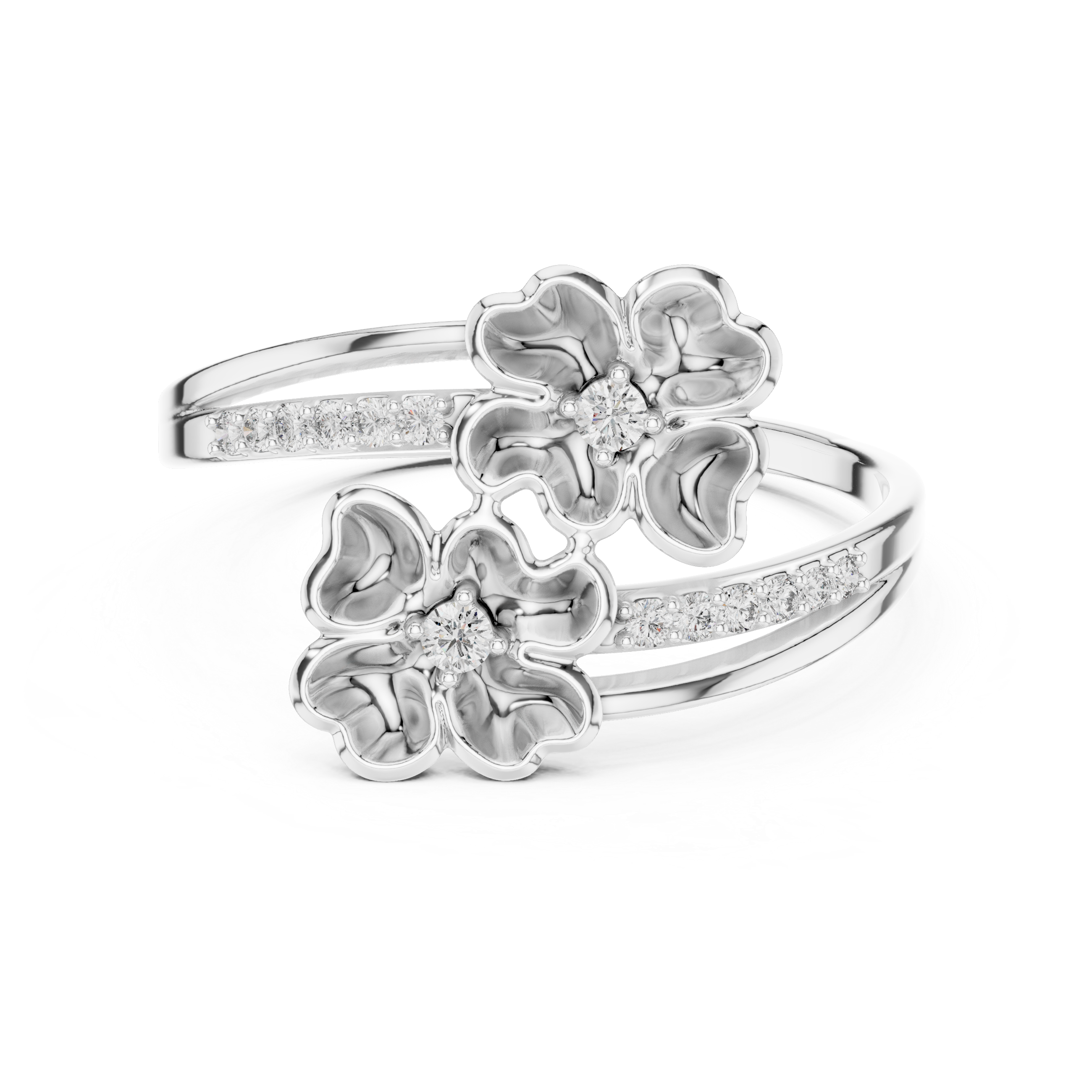 Silver ring with floral designs on a white background