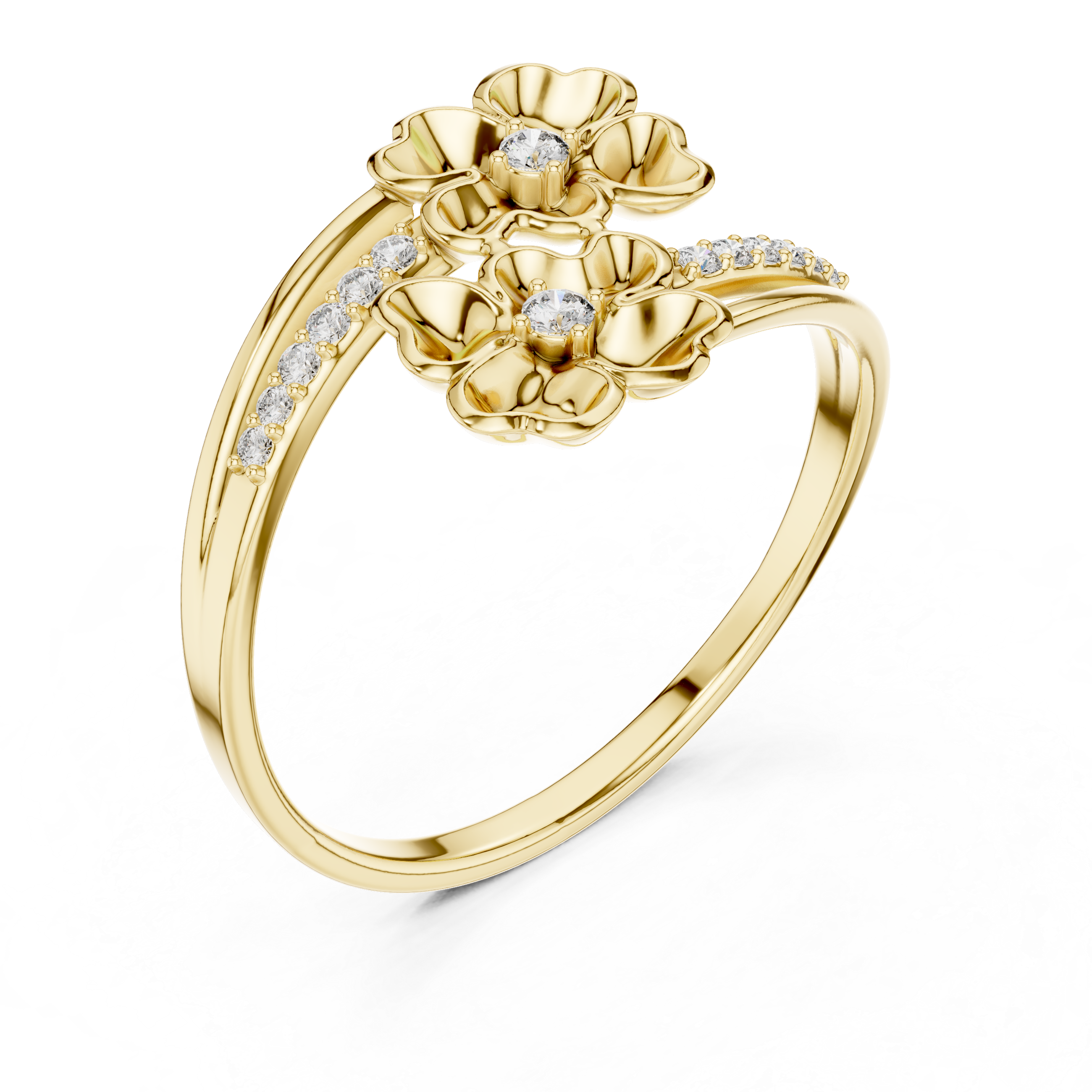Gold floral ring with diamond accents on a white background