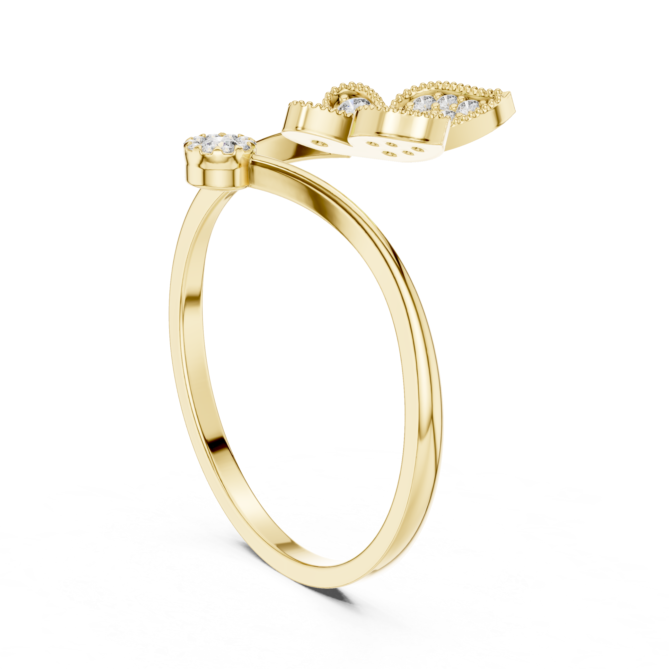 Gold ring with diamond accents on a white background