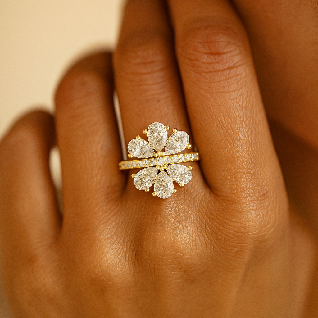 Six-Leaf Pear Cluster Pavé Ring