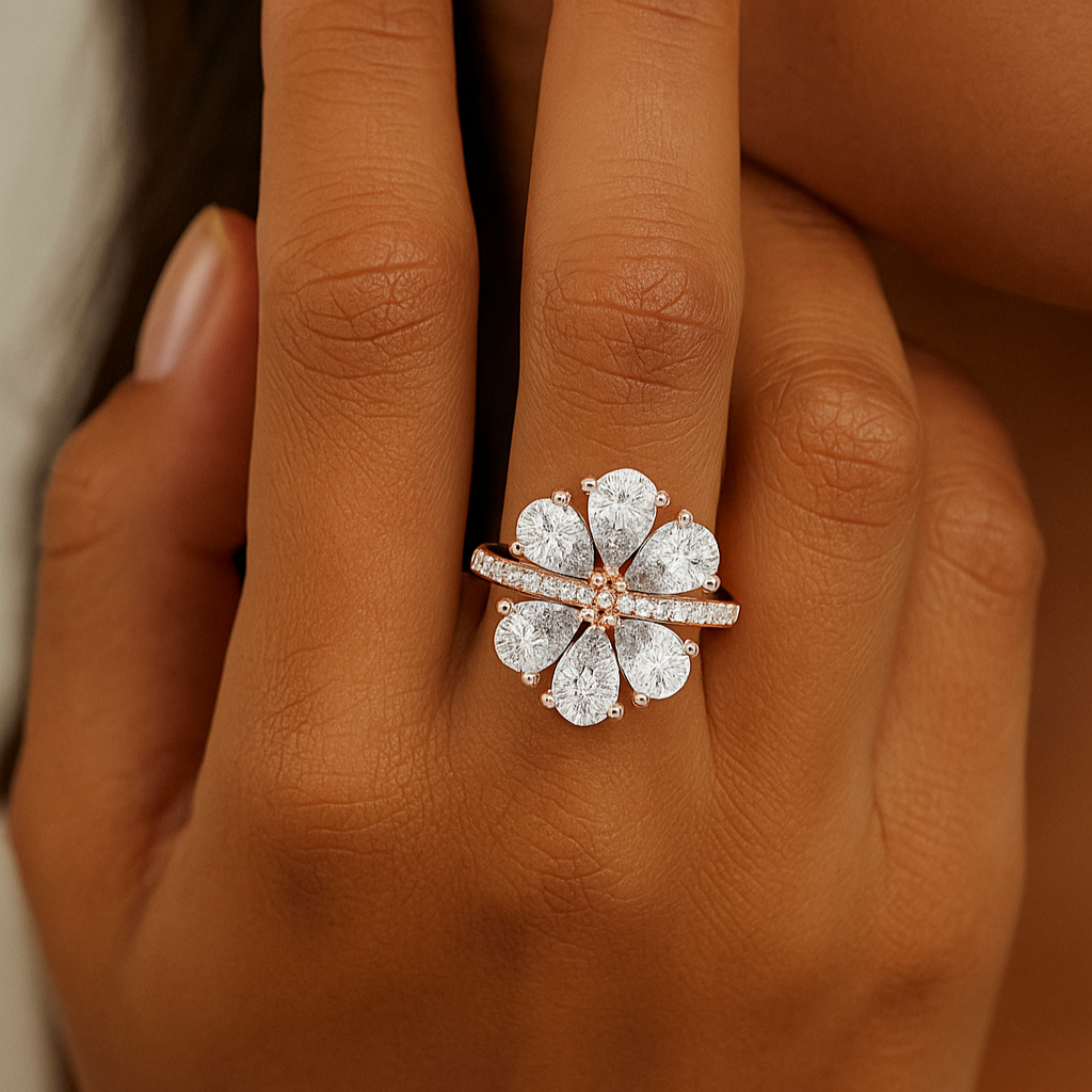 Six-Leaf Pear Cluster Pavé Ring