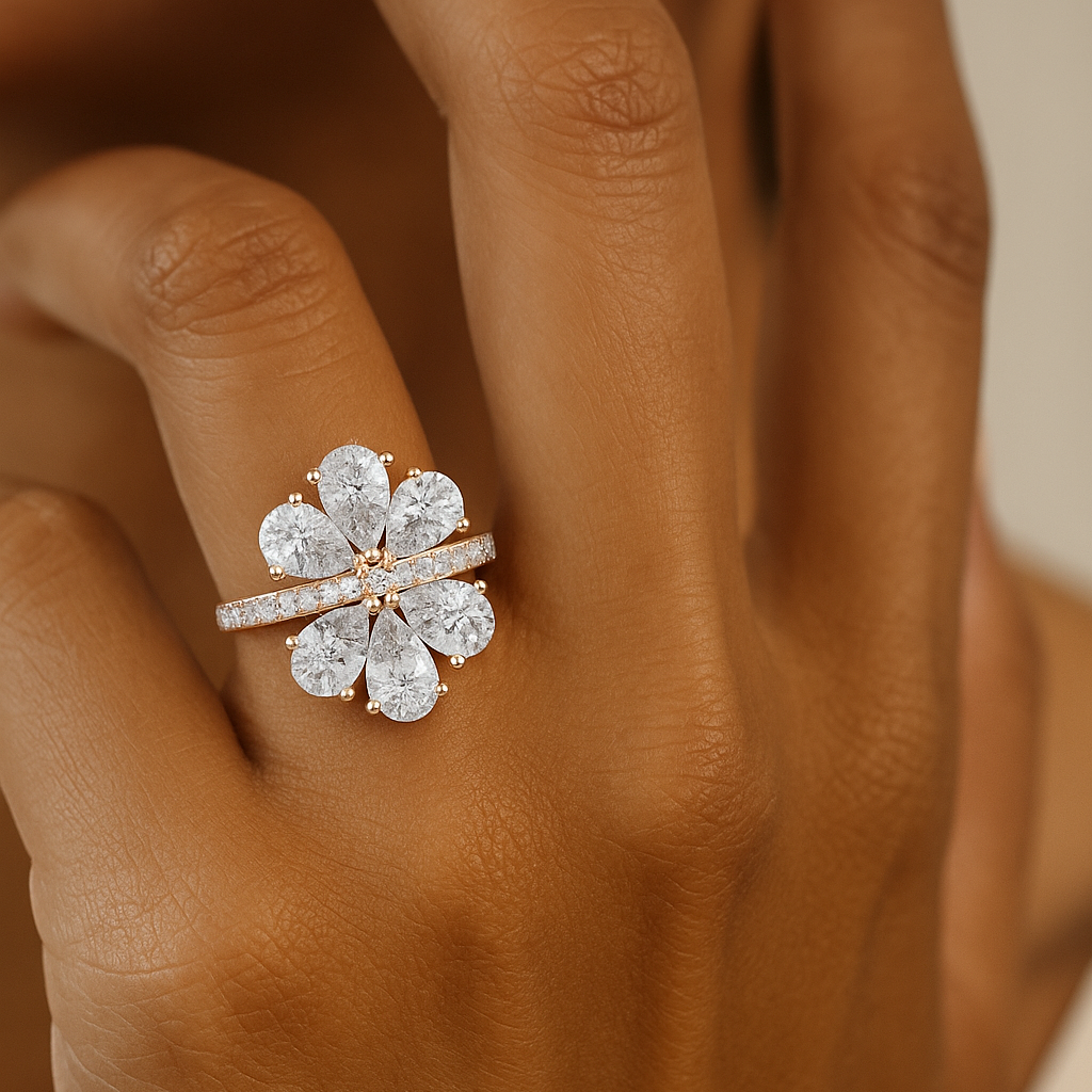 Six-Leaf Pear Cluster Pavé Ring