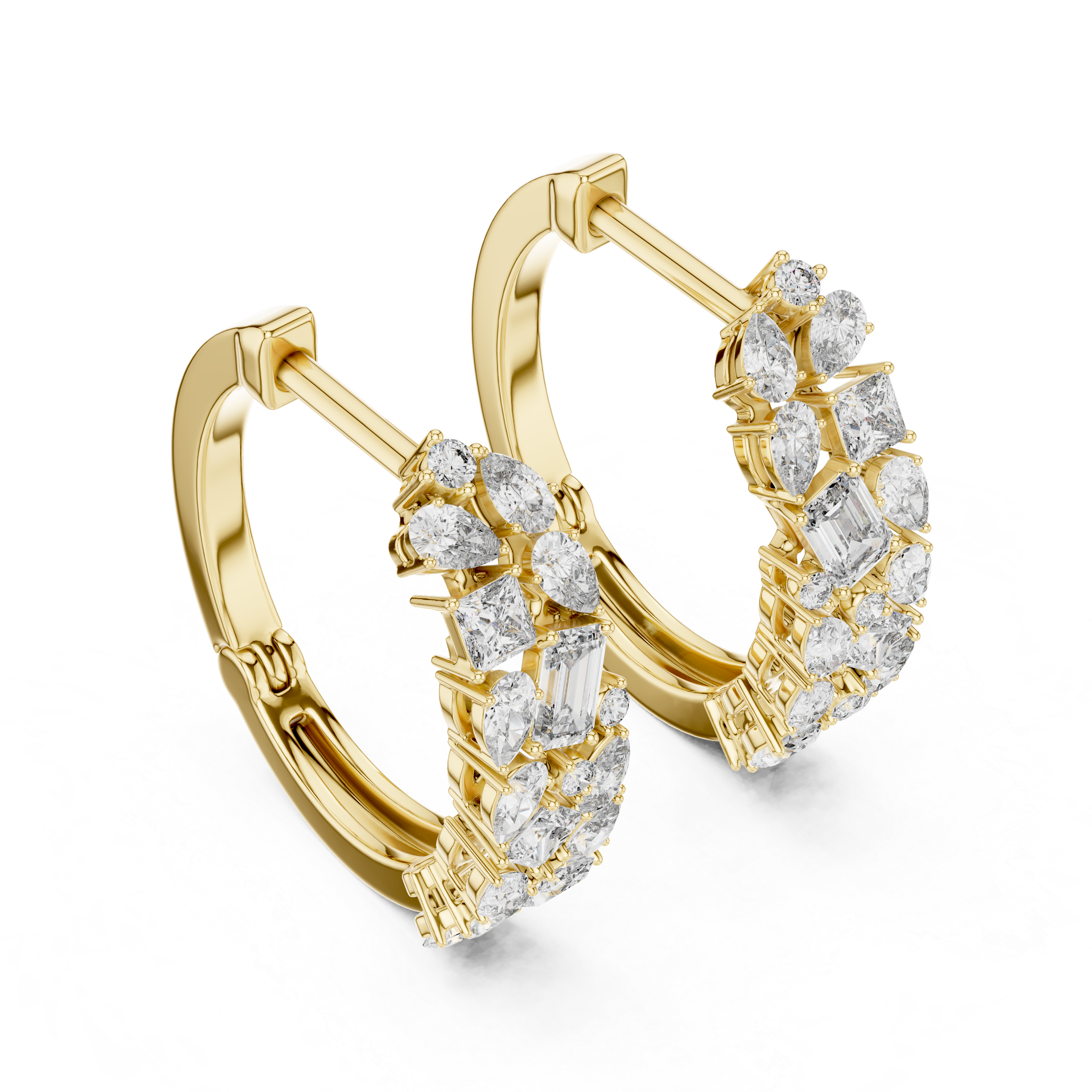 Gold hoop earrings with diamond accents on a white background