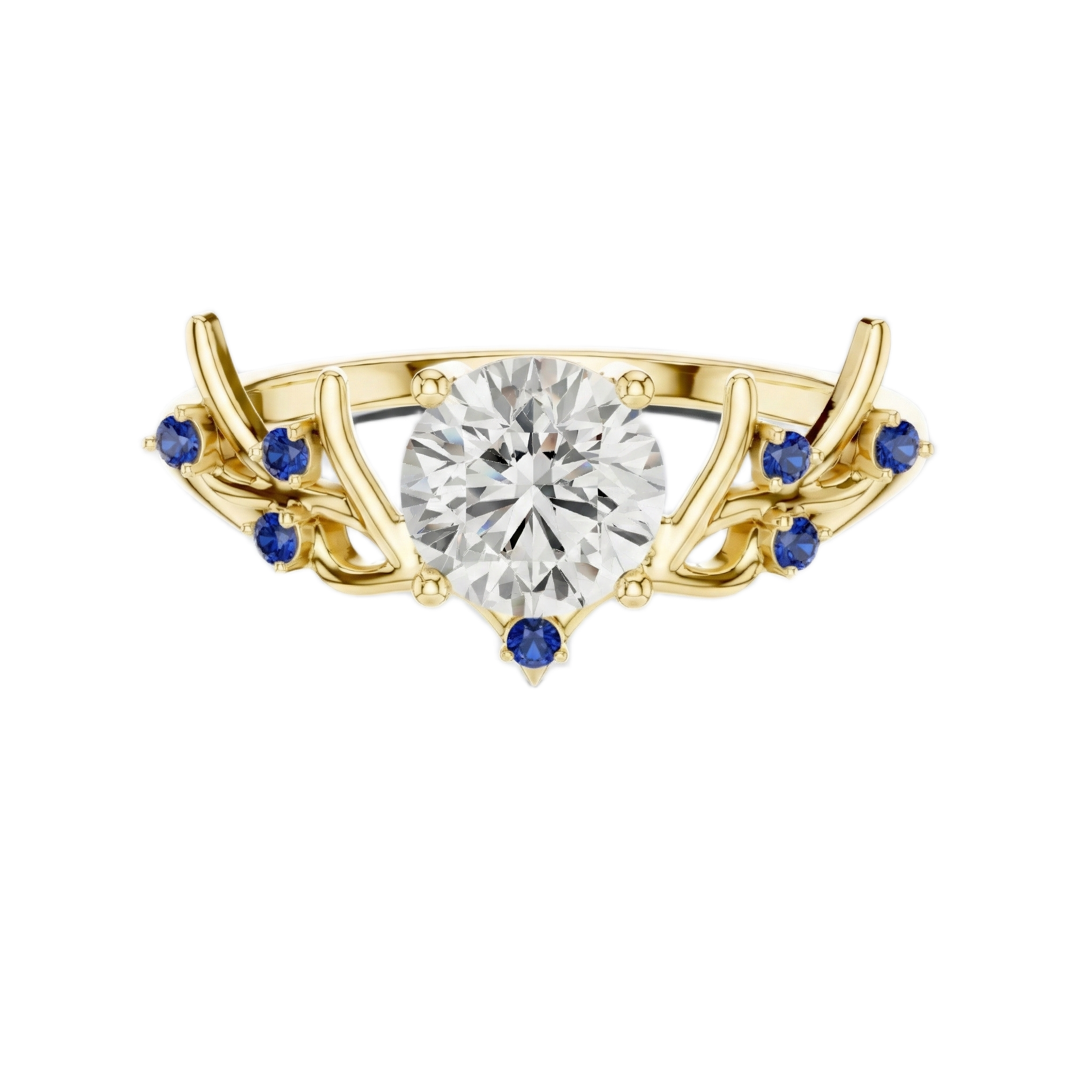 Silver ring with a central diamond and blue gemstones on a white background