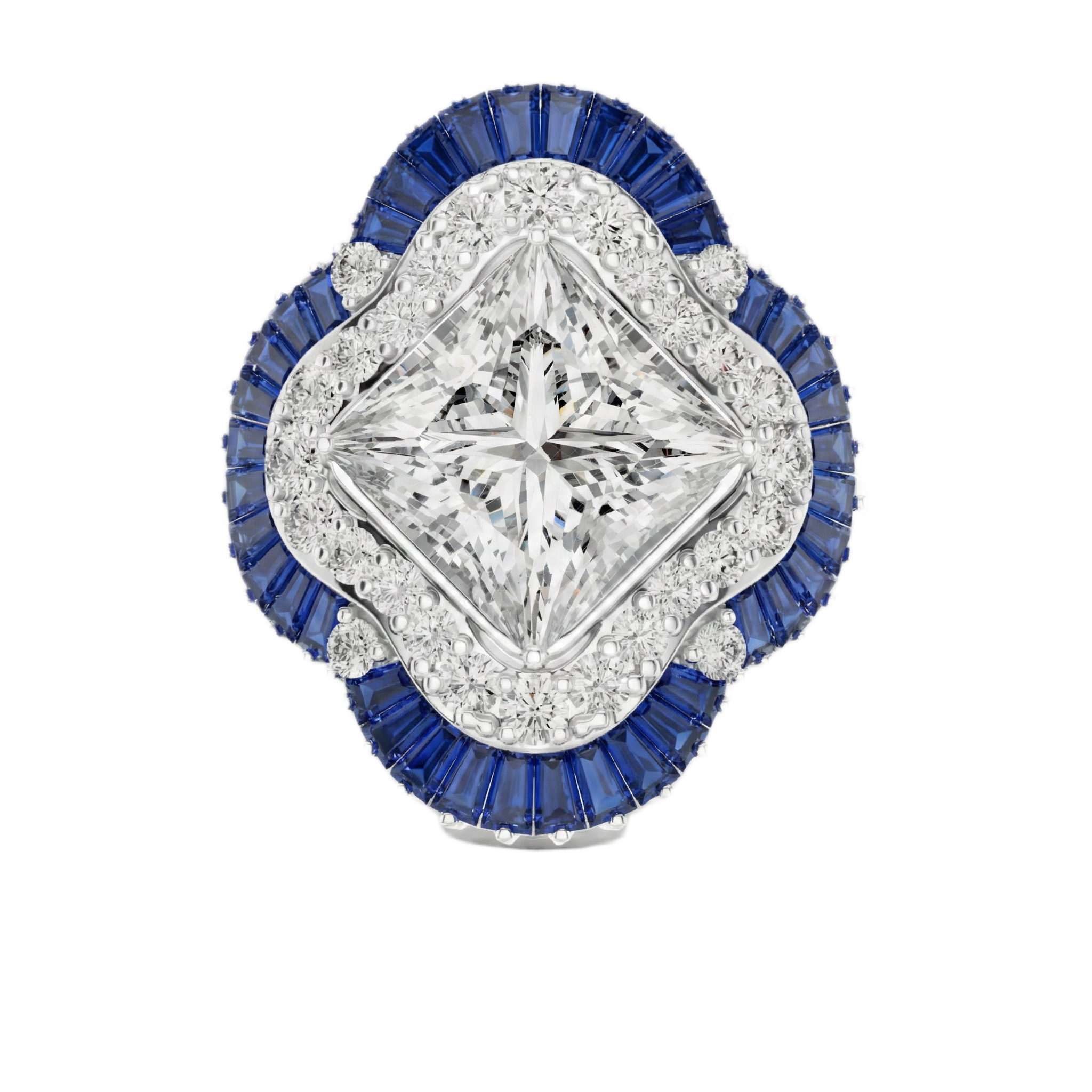 Diamond ring with blue gemstones on a white background