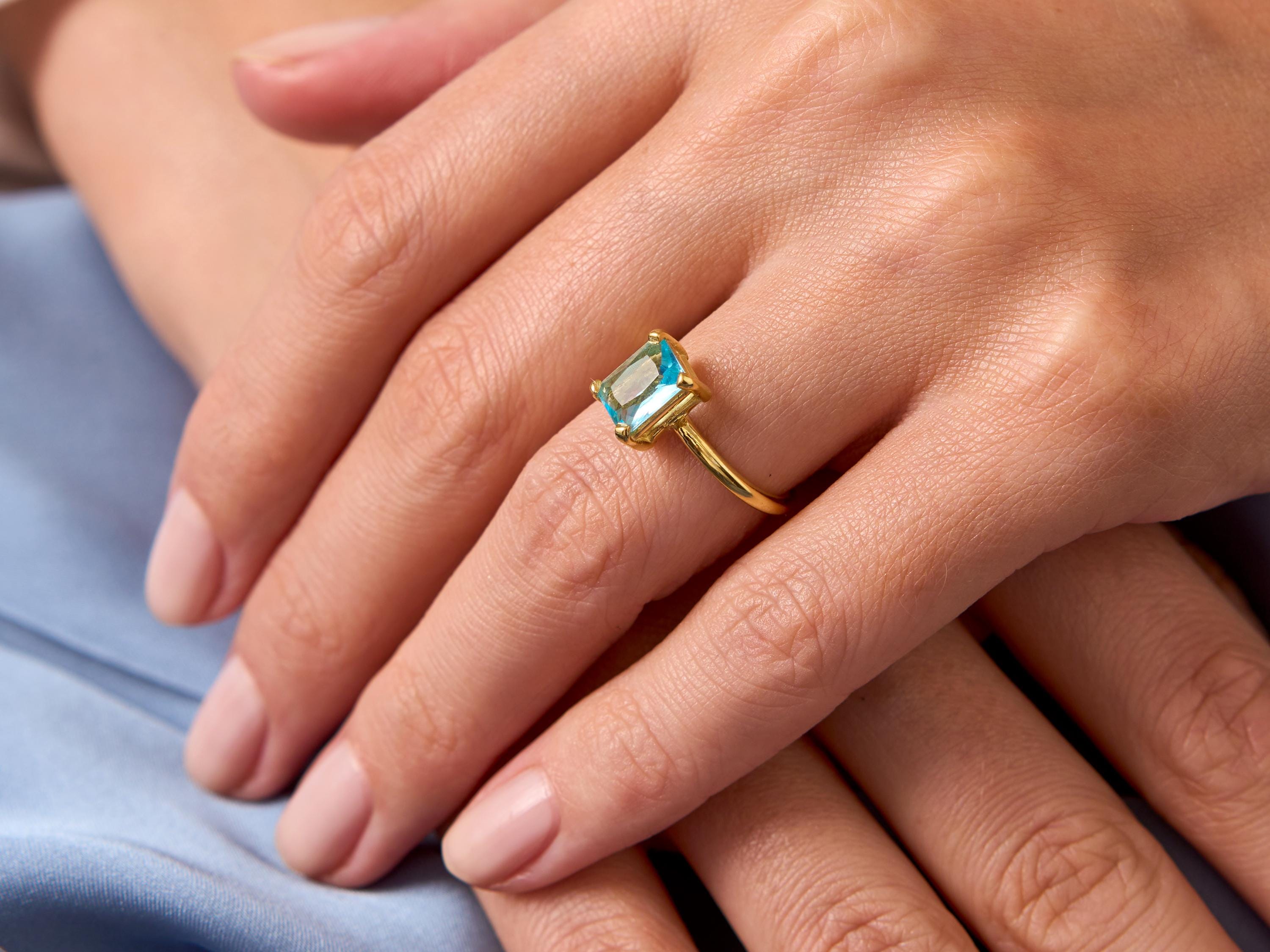 Emerald Cut Aquamarine Ring: 14K Gold Minimalist Birthstone Ring