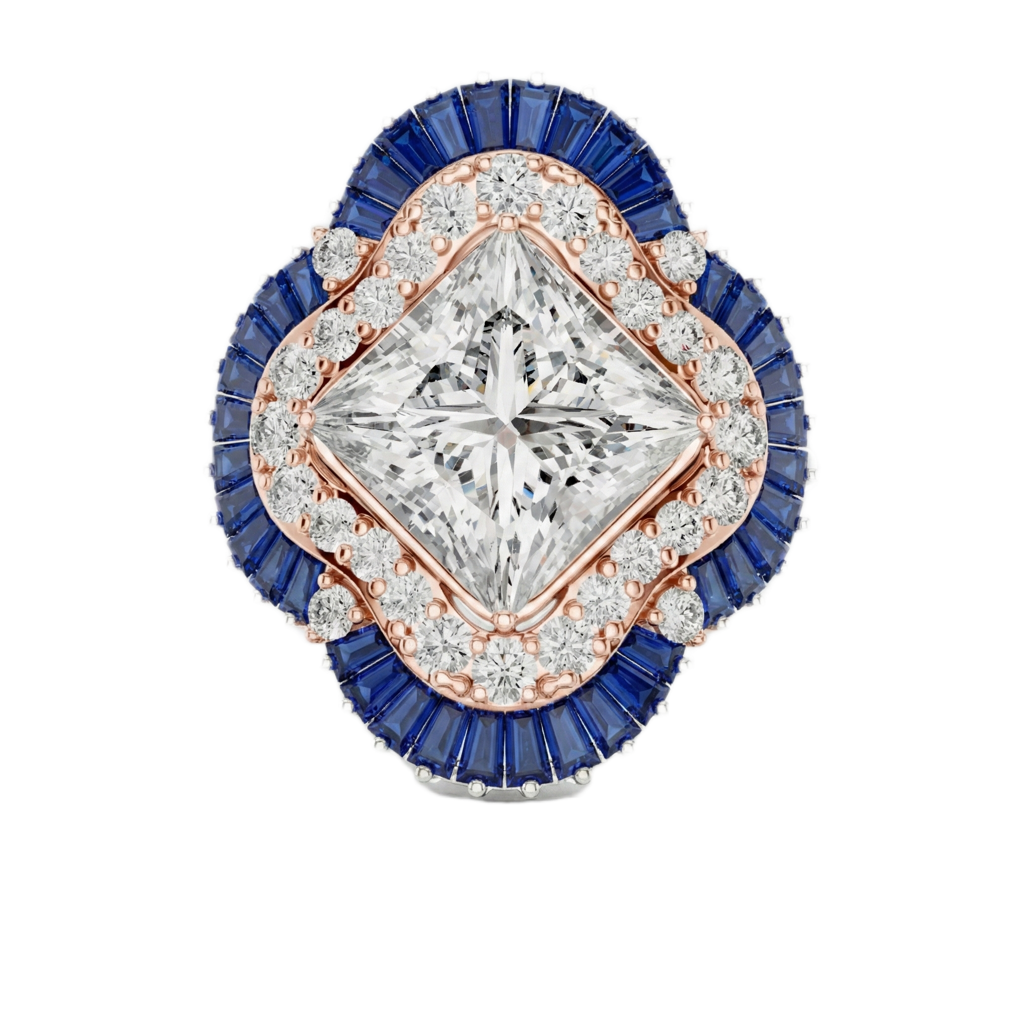 Diamond ring with blue gemstones on a white background