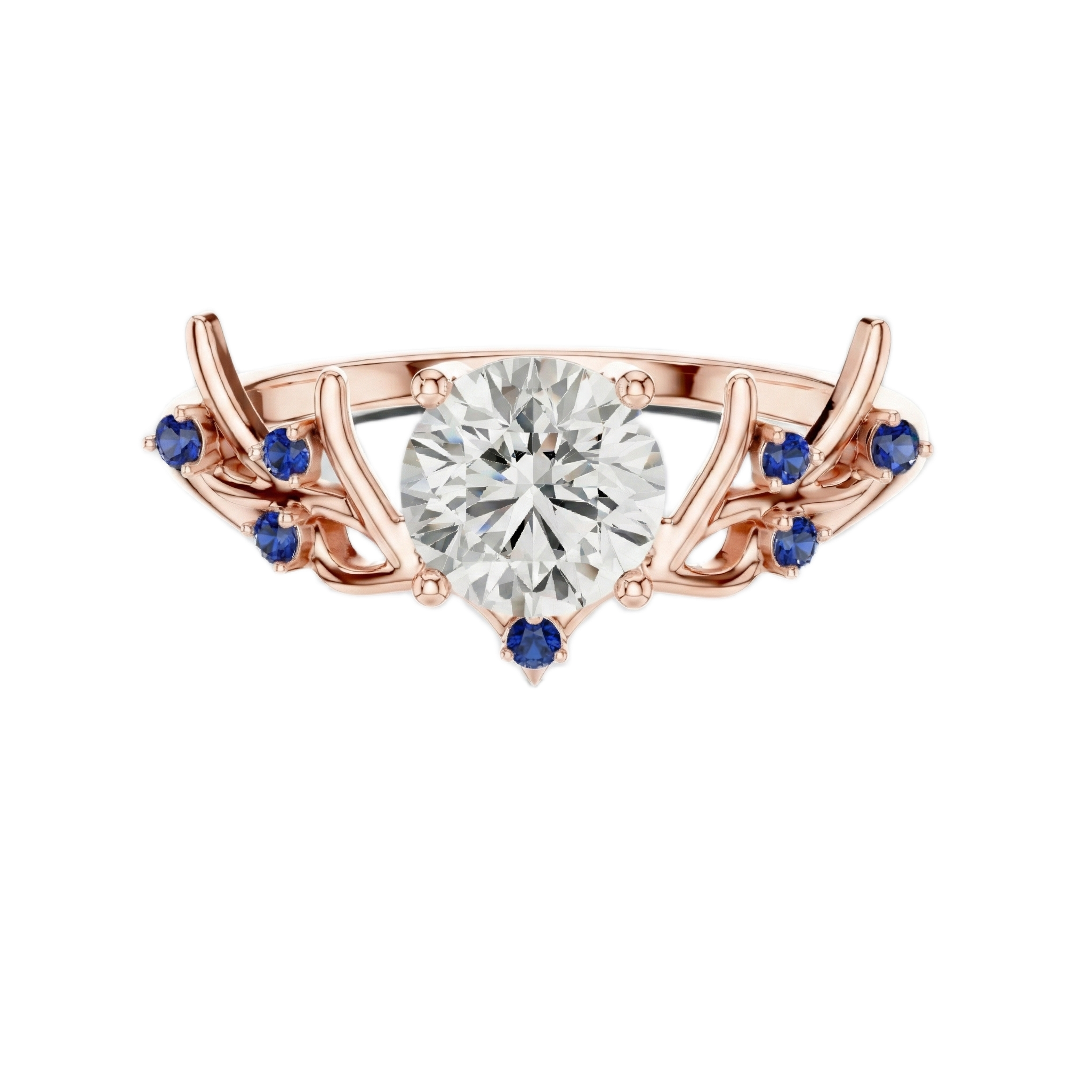 Silver ring with a central diamond and blue gemstones on a white background