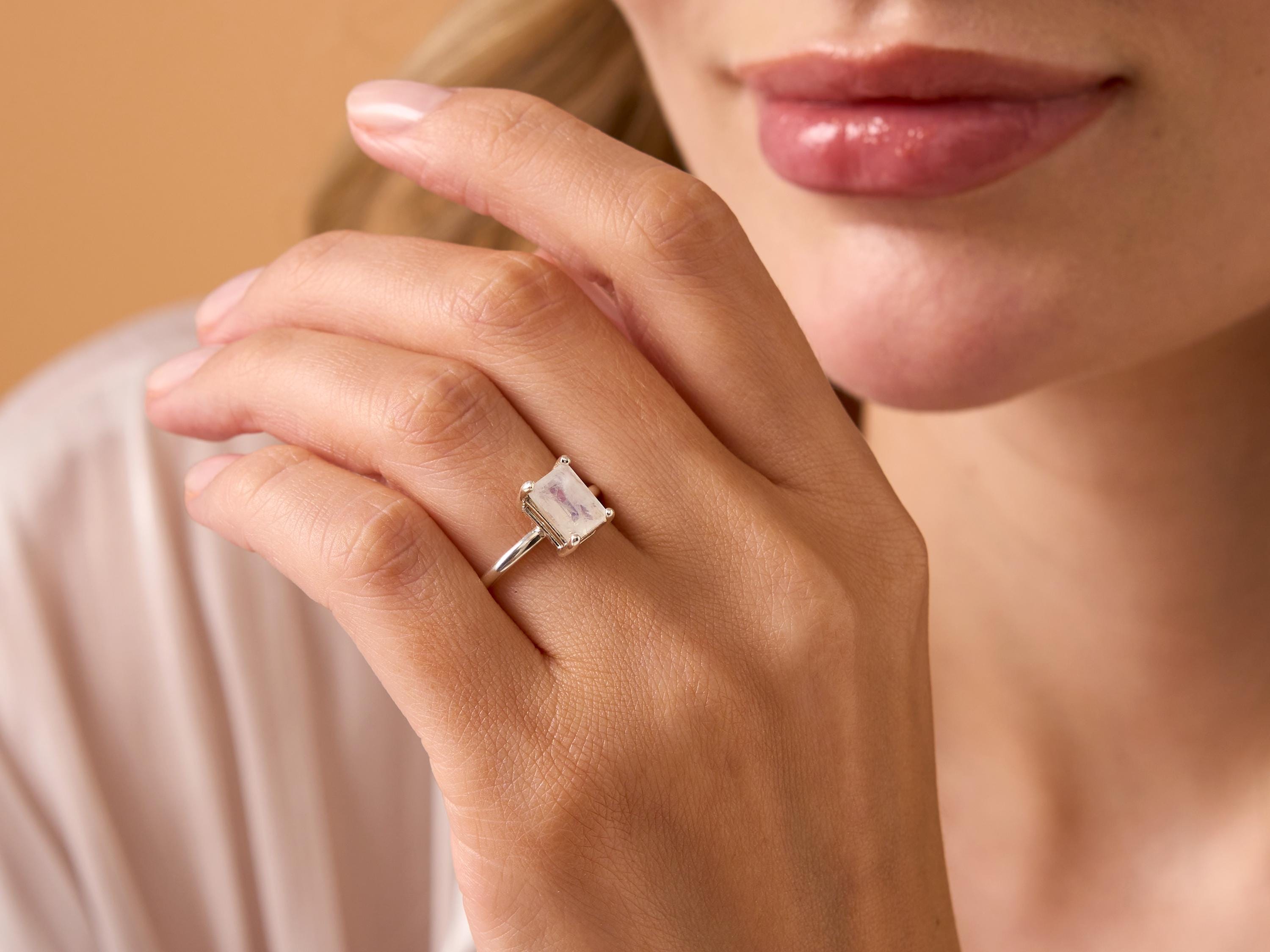 Emerald Cut Moonstone Ring: 925 Sterling Silver Rainbow Jewelry