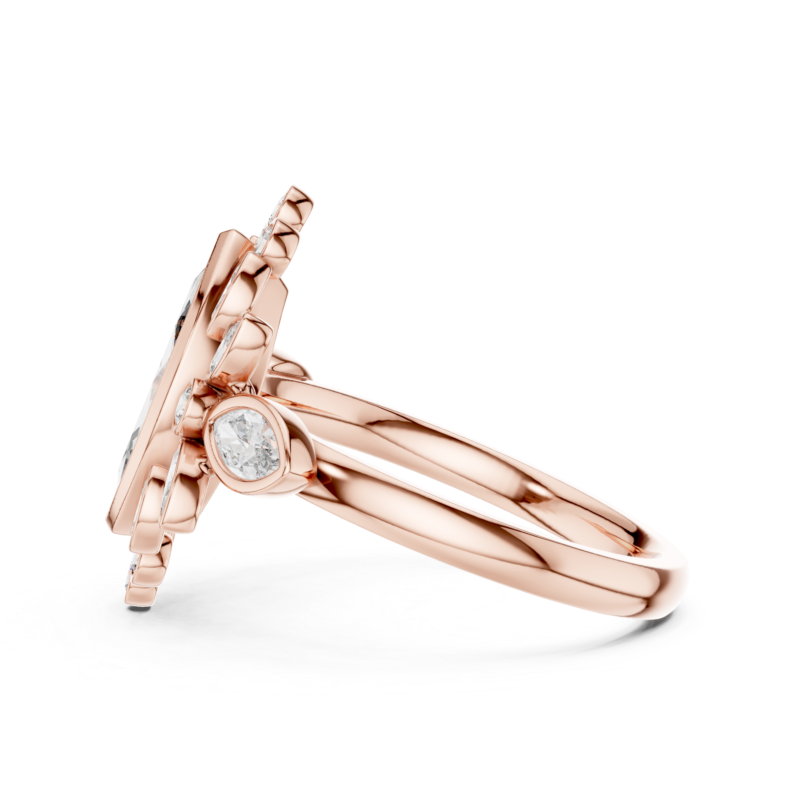 Muur Atelier Solid Gold Vintage Marquise Halo Diamond Ring with Floral Bezel Accents