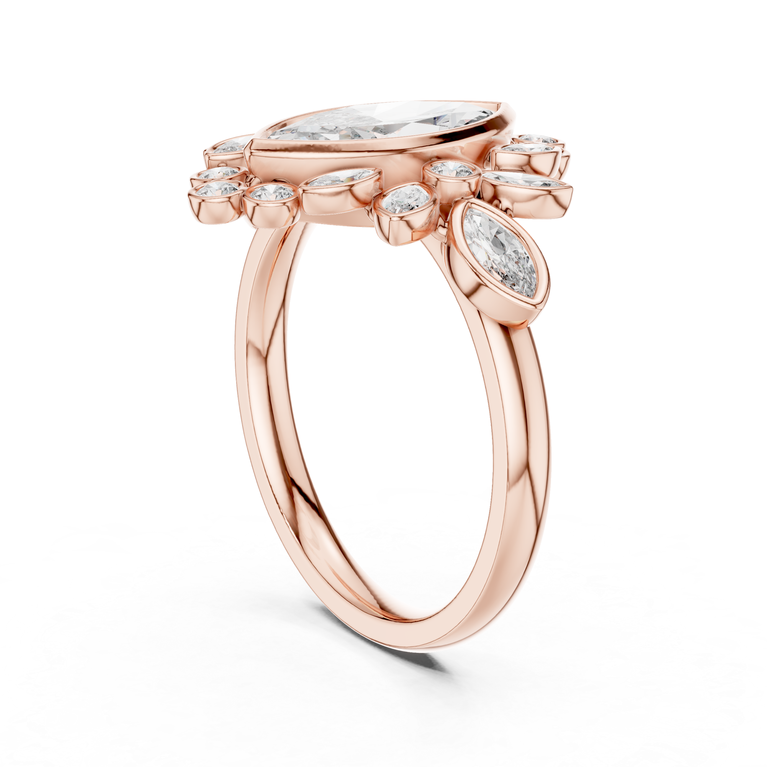 Muur Atelier Solid Gold Vintage Marquise Halo Diamond Ring with Floral Bezel Accents