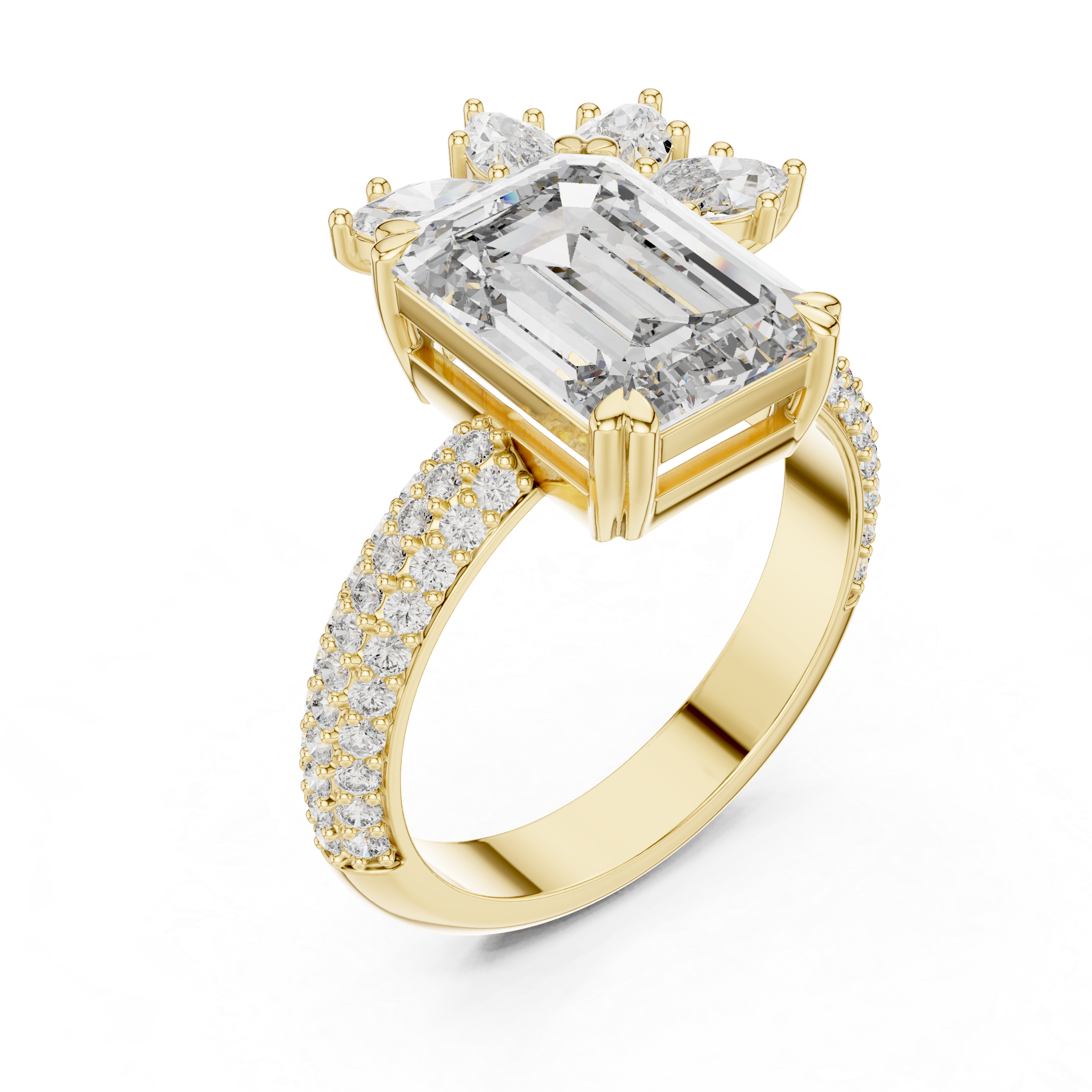Muur Atelier Solid Gold Emerald Cut Diamond Solitaire with Asymmetrical Cluster Band