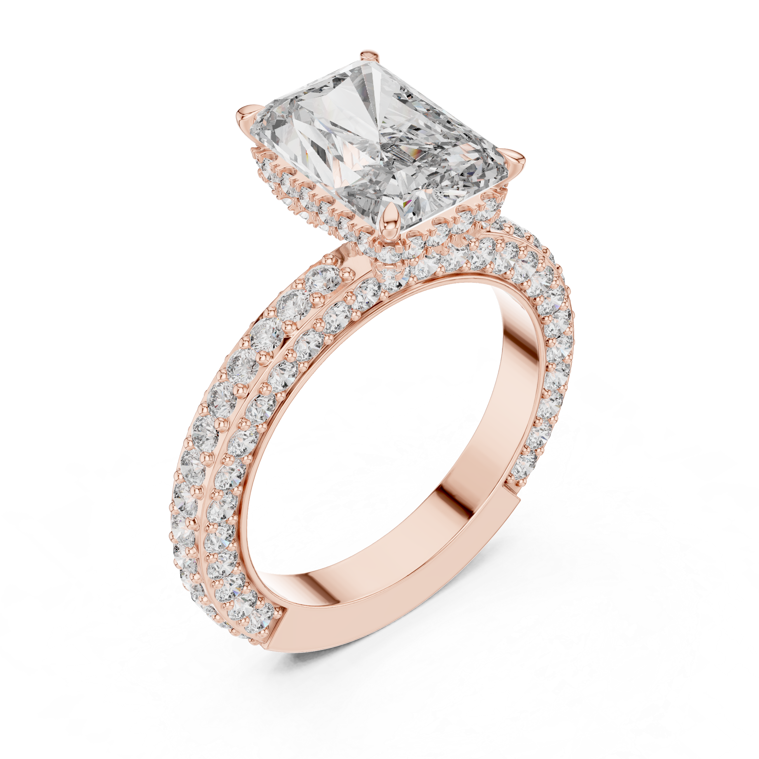 Muur Atelier Solid Gold Radiant Cut Solitaire with Diamond Encrusted Band & Hidden Halo