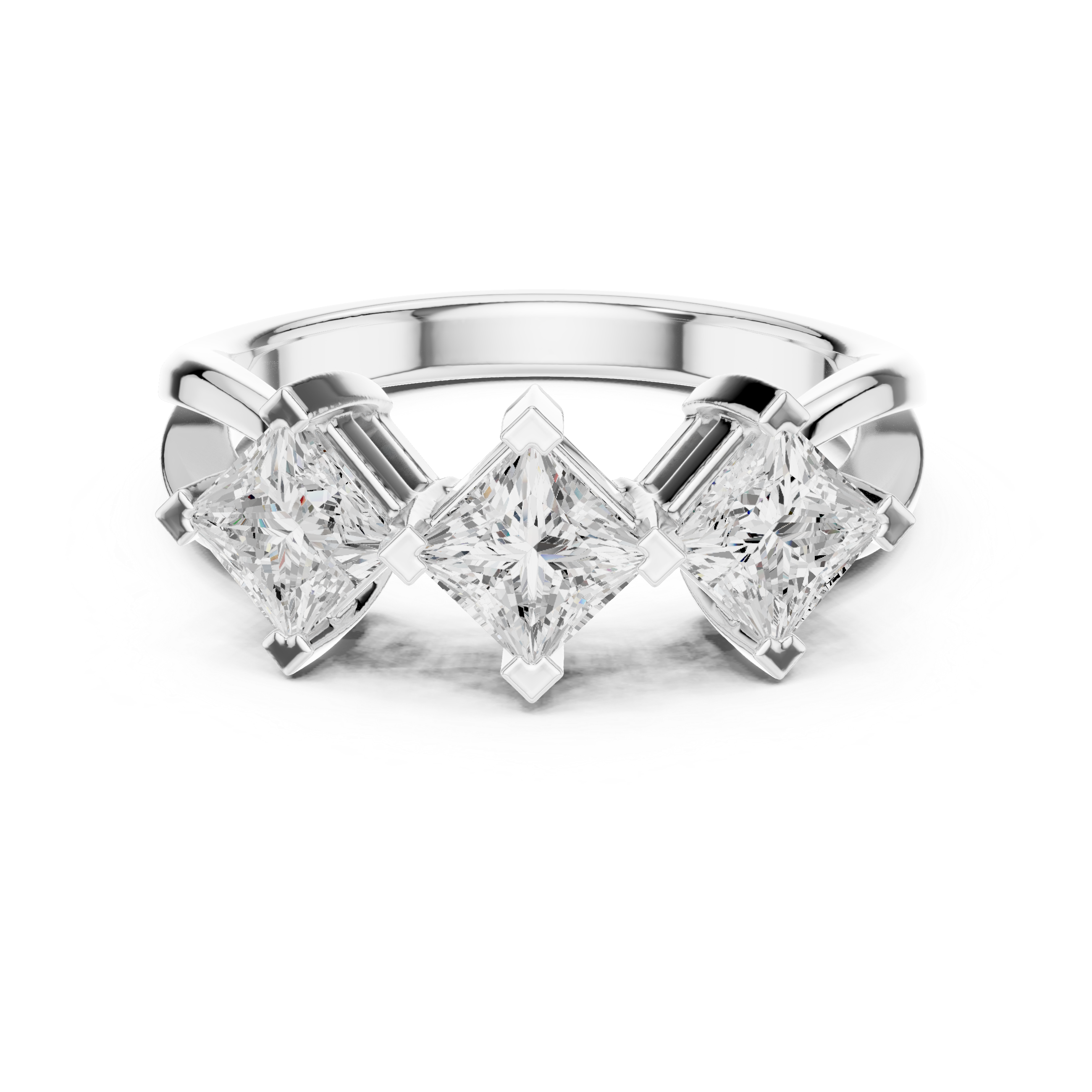 Silver ring with three diamond-shaped gemstones on a white background