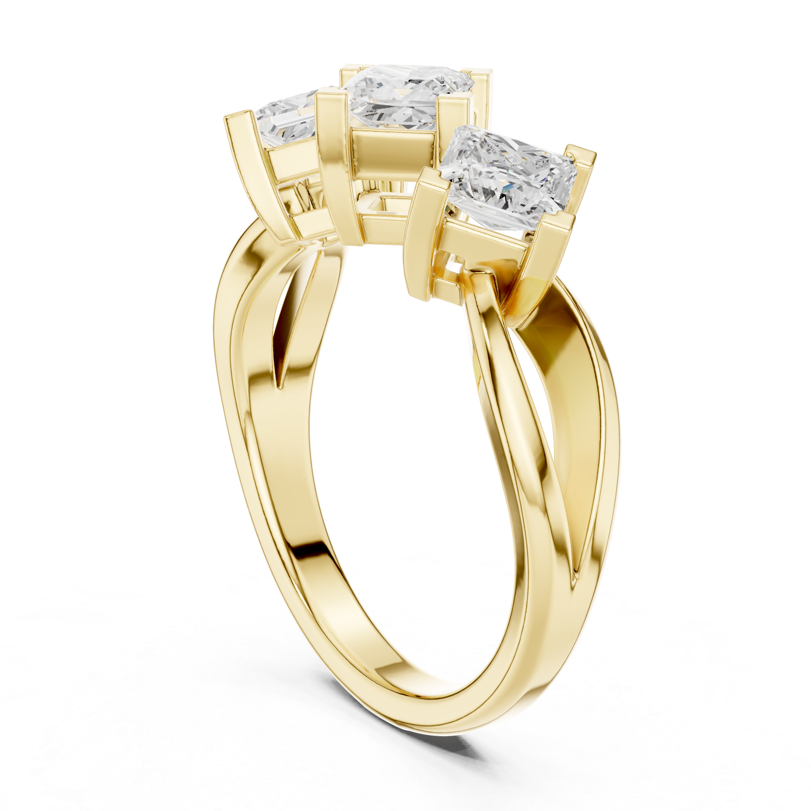 Gold ring with three diamonds on a white background