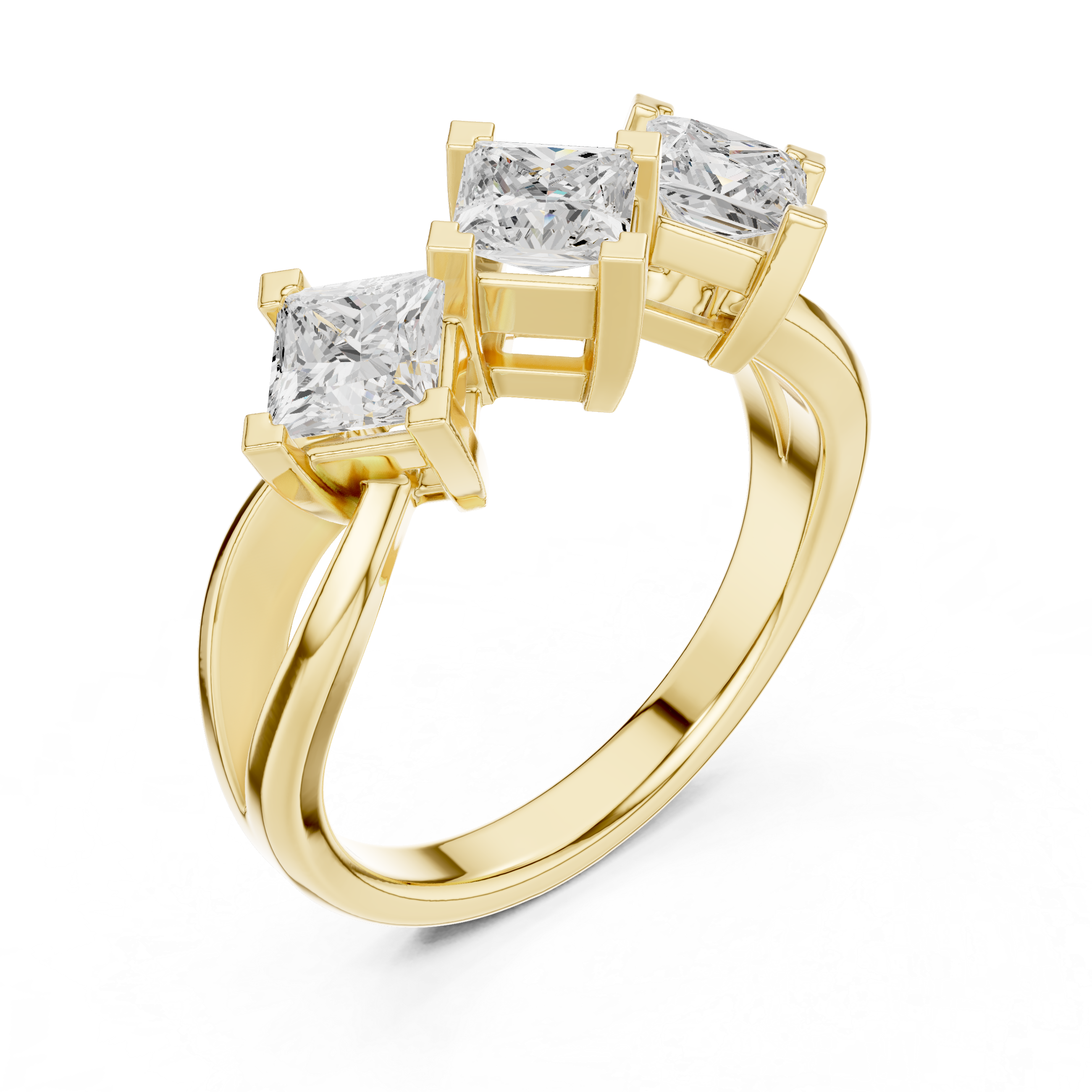 Gold ring with three square-cut diamonds on a white background