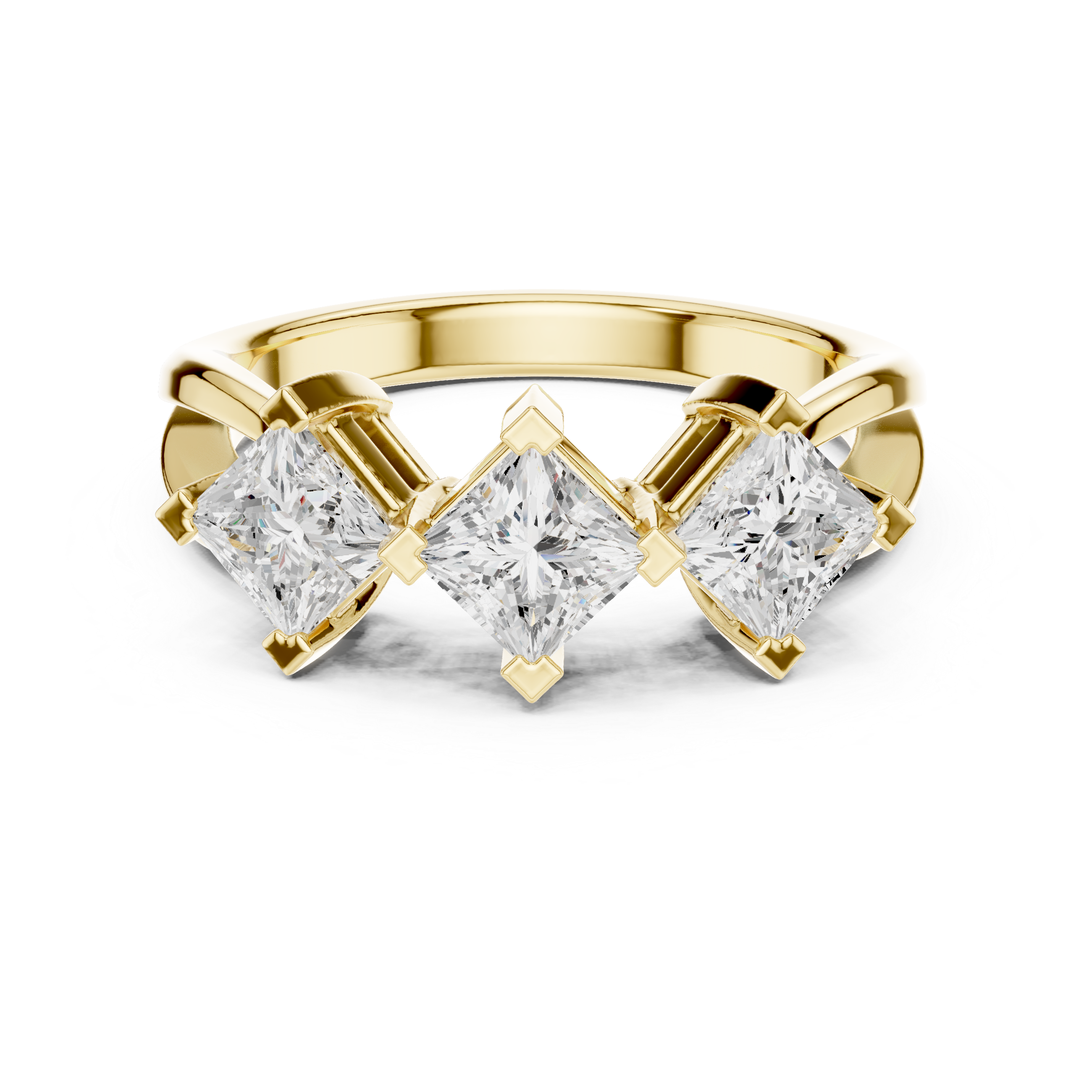 Gold ring with three princess-cut diamonds on a white background