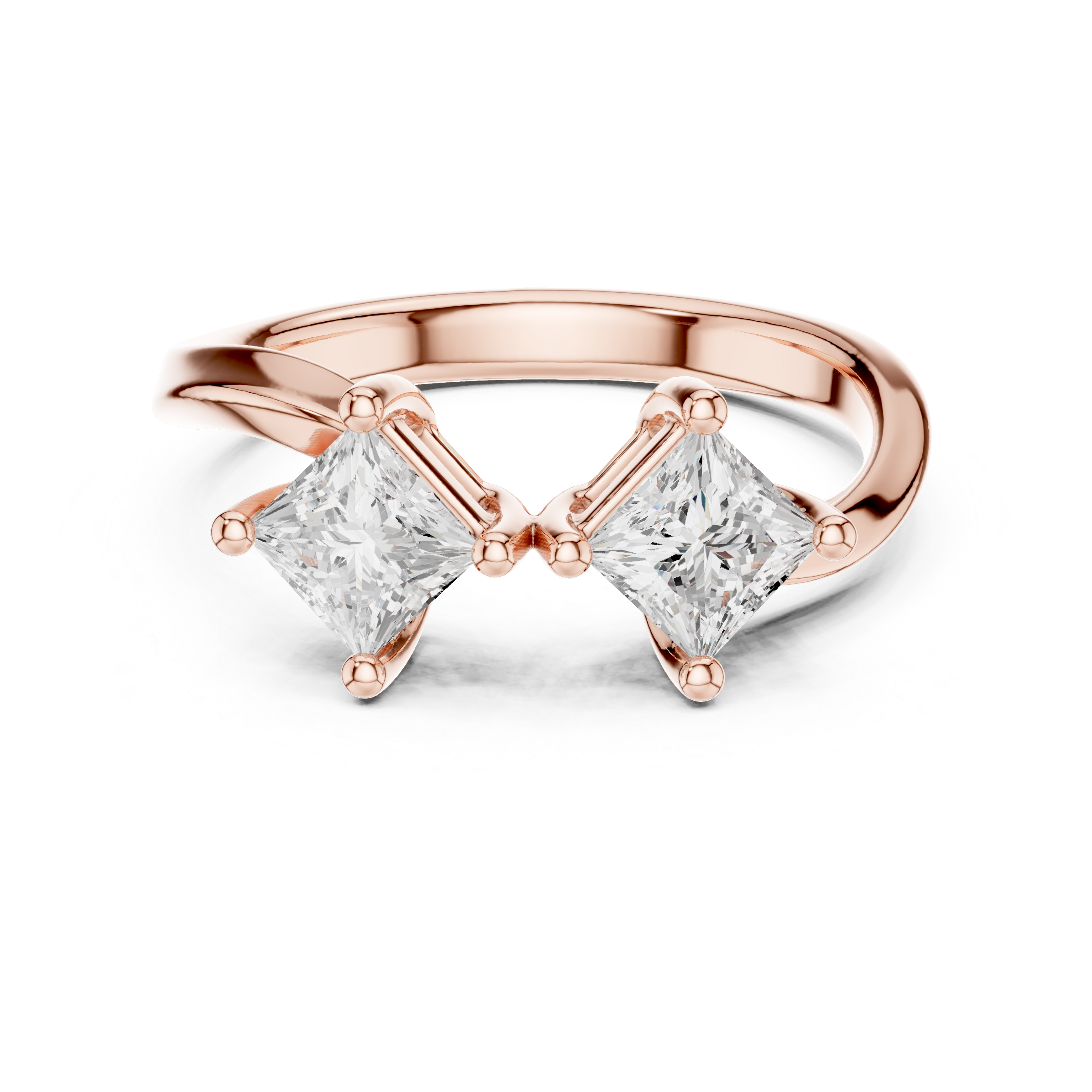 Rose gold ring with two princess-cut diamonds on a white background