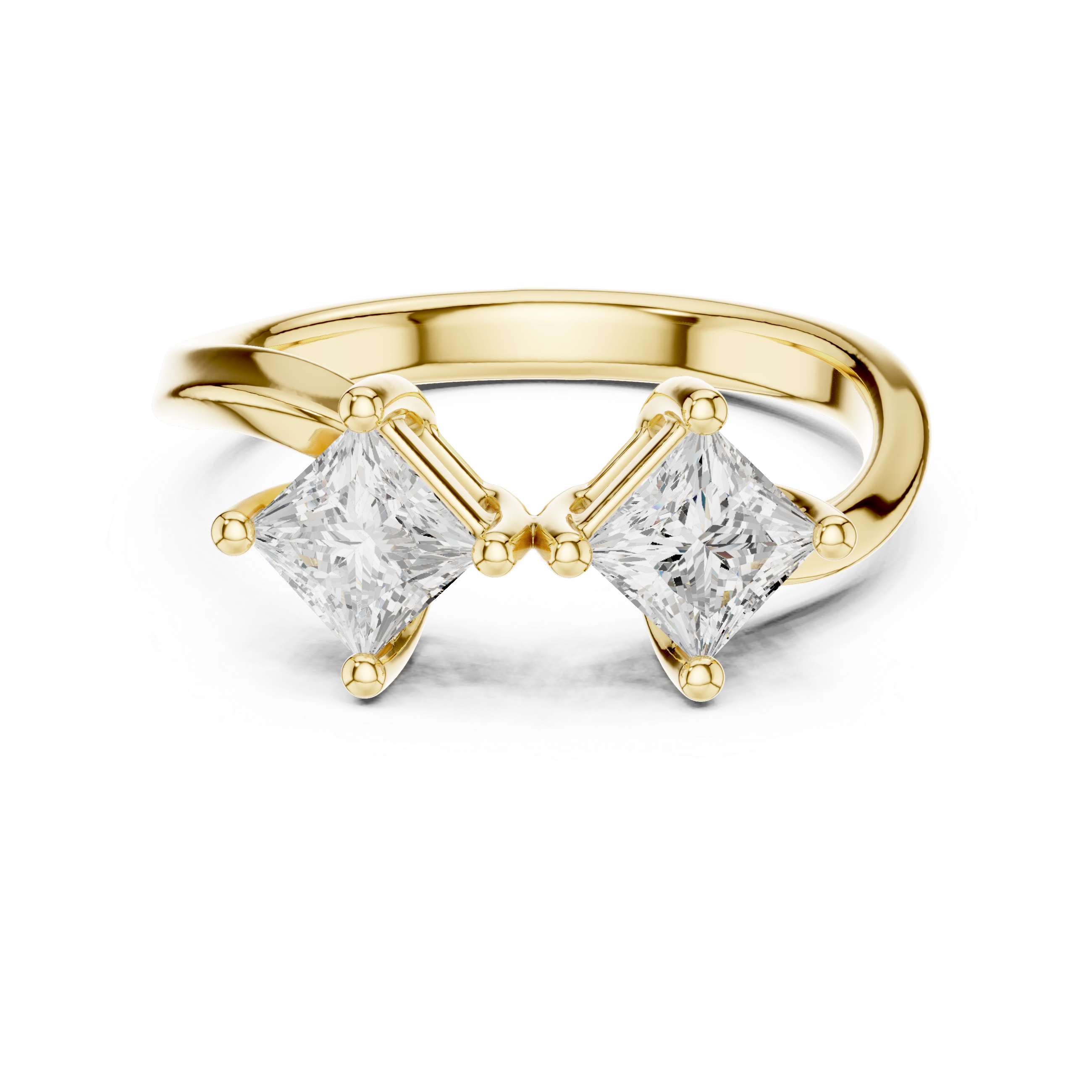 Gold ring with two princess-cut diamonds on a white background