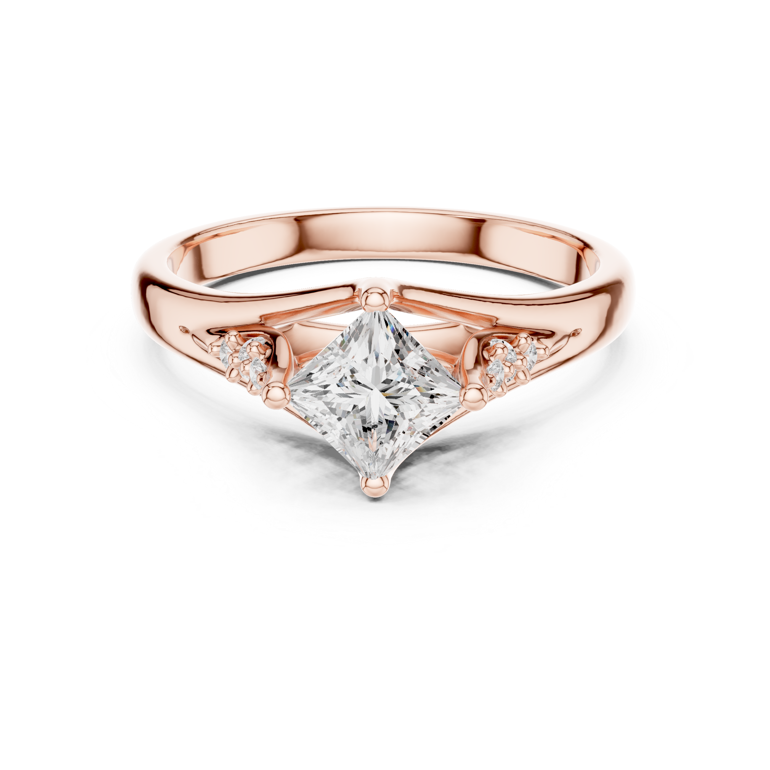 Rose gold ring with a diamond on a white background