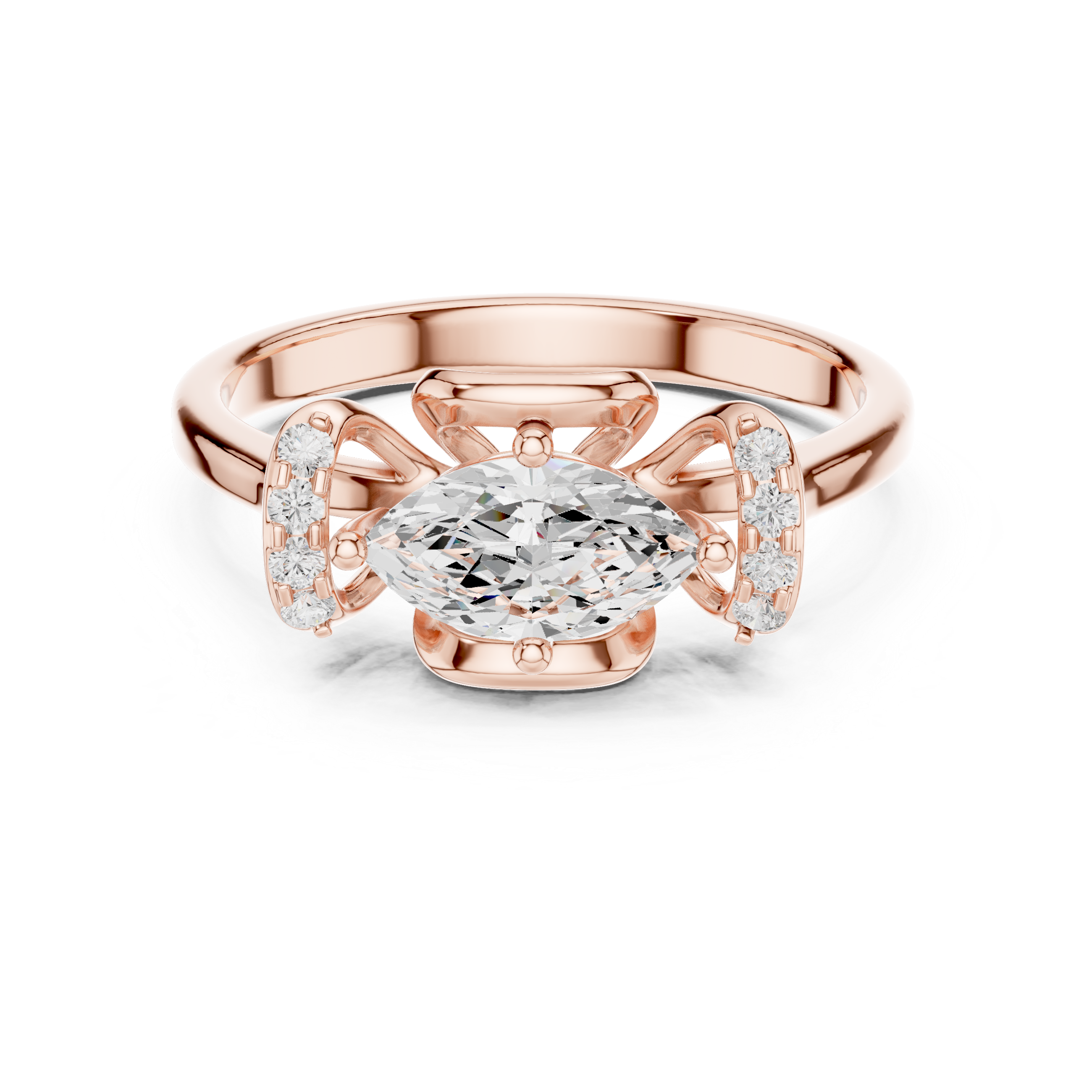Rose gold ring with a large diamond and smaller diamonds on the band against a white background
