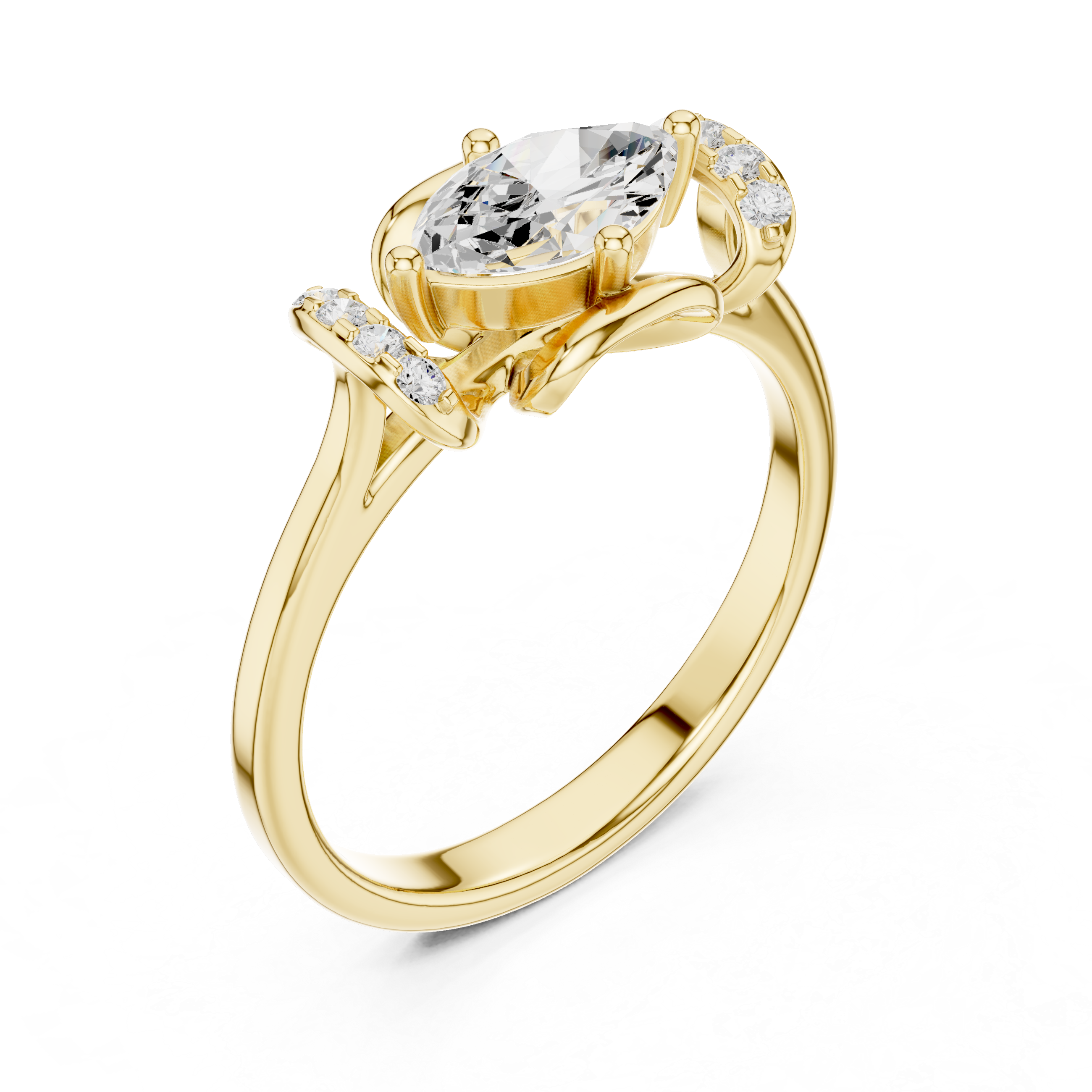 Gold ring with a pear-shaped diamond on a white background