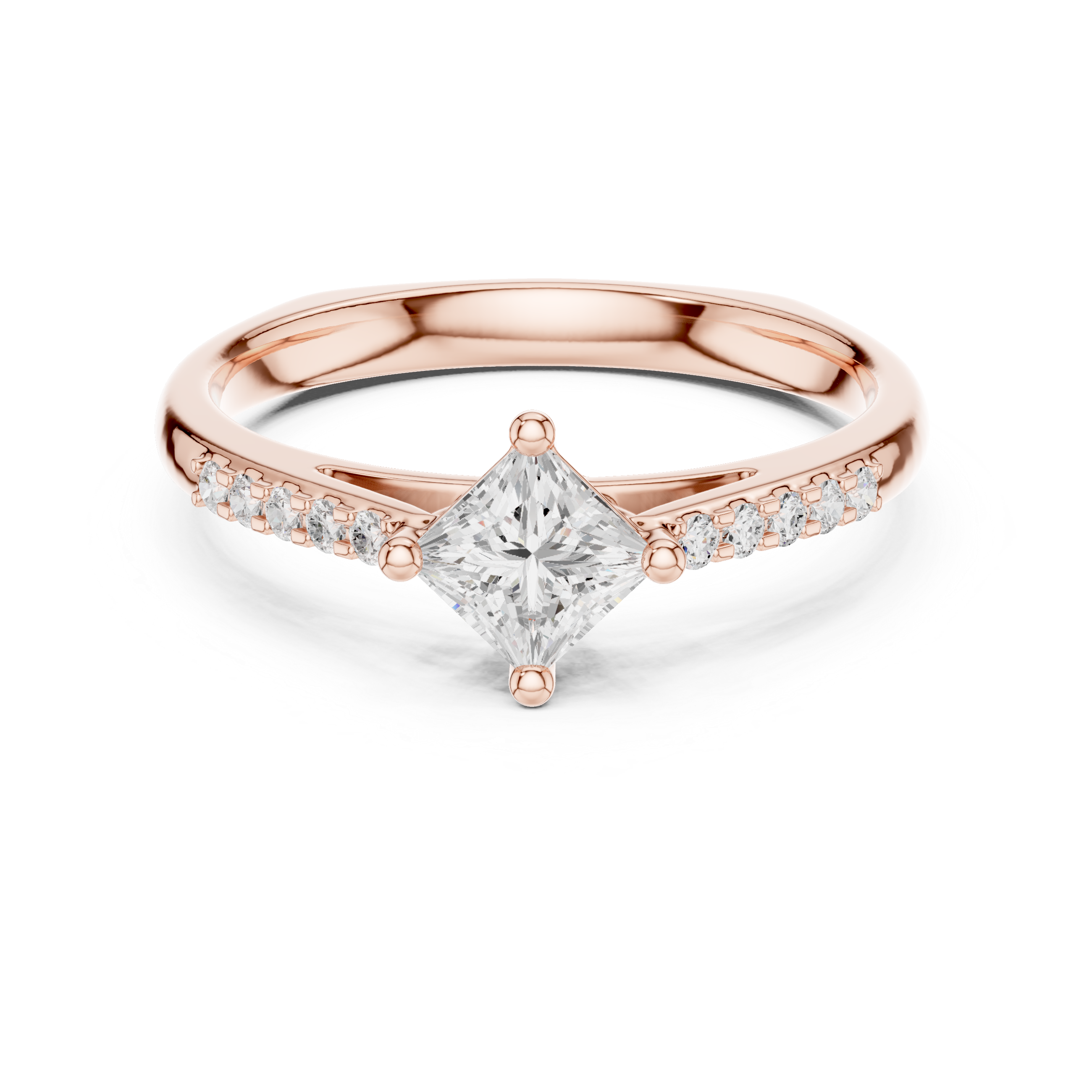 Rose gold ring with a diamond on a white background