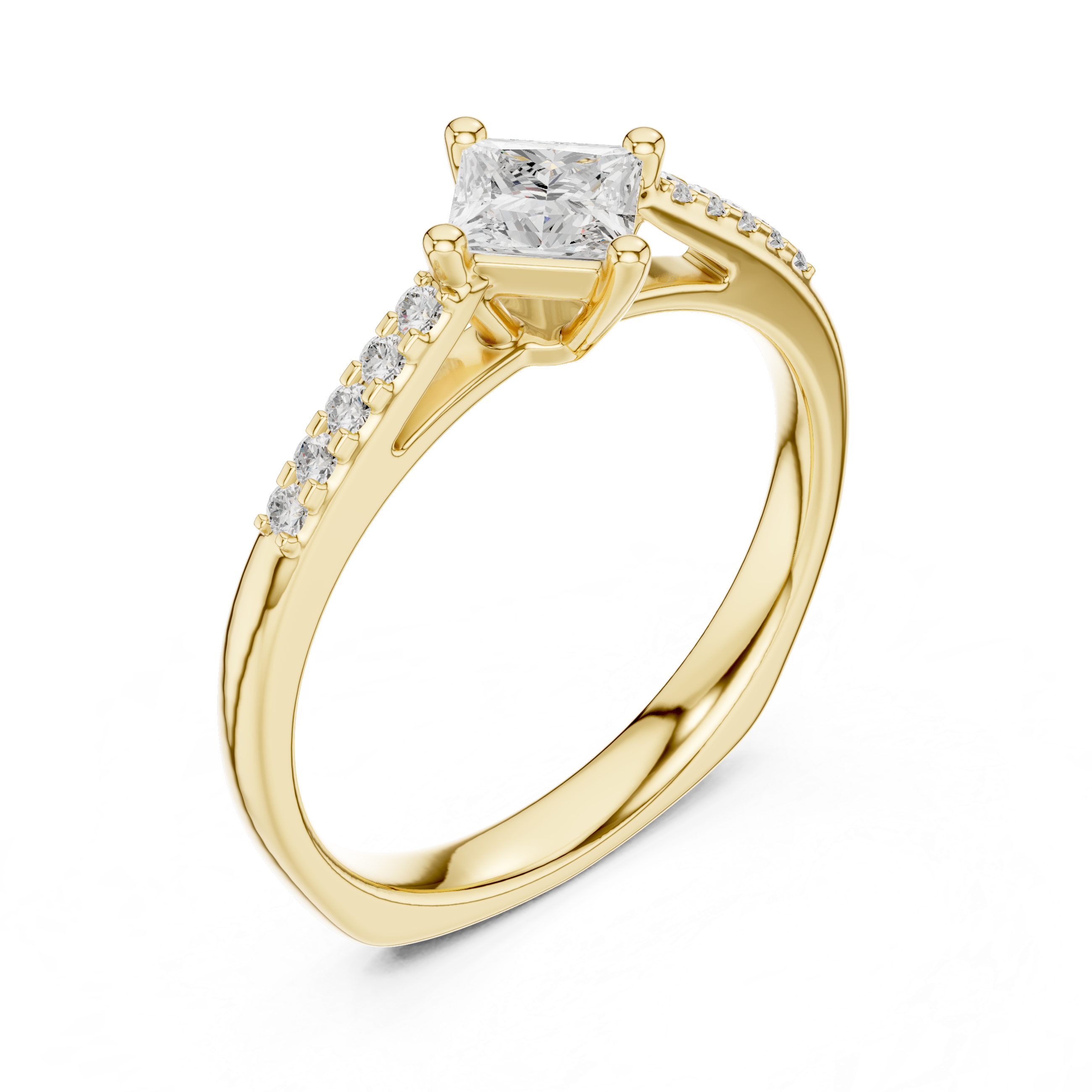 Gold ring with a diamond on a white background