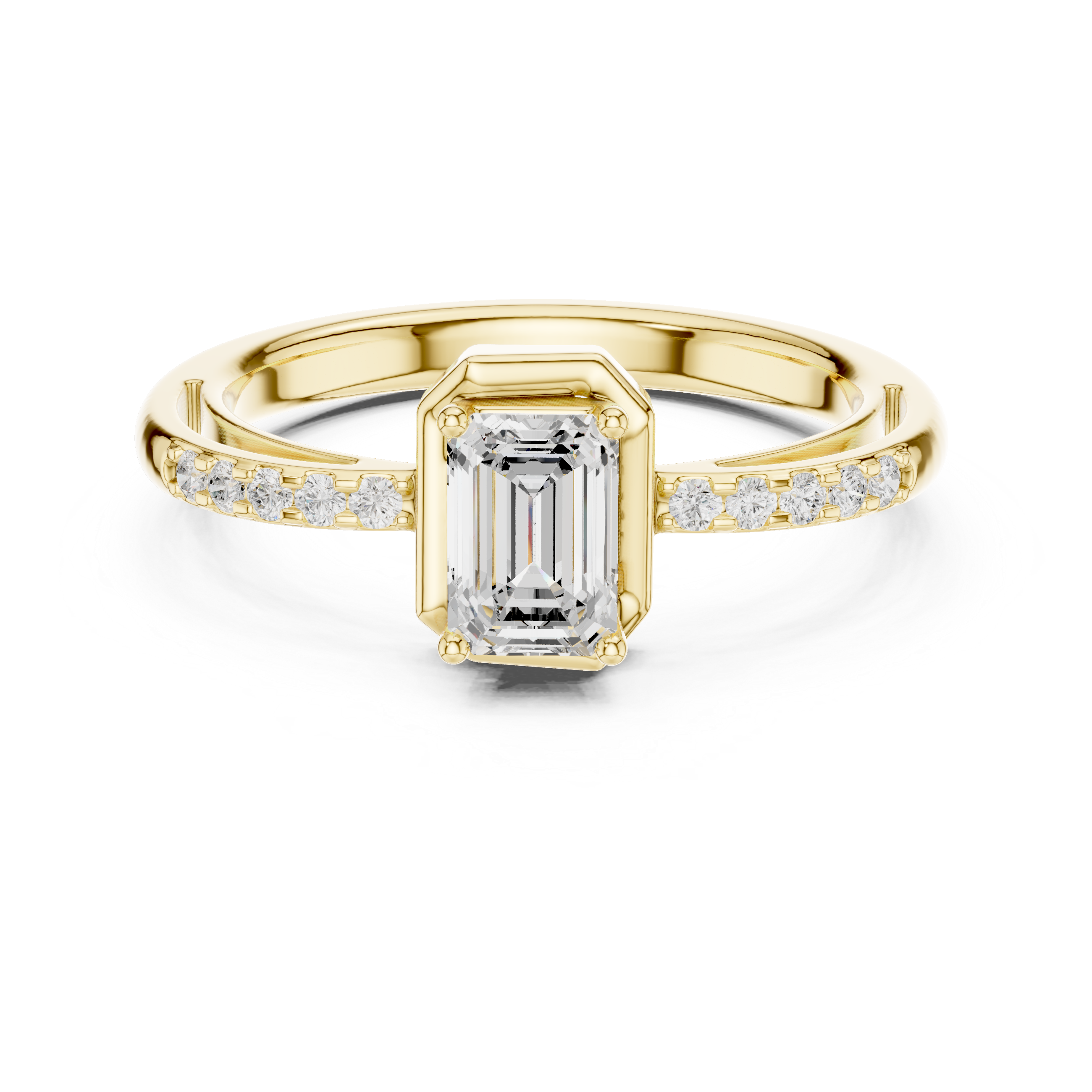 Gold ring with emerald-cut diamond and smaller diamonds on a white background