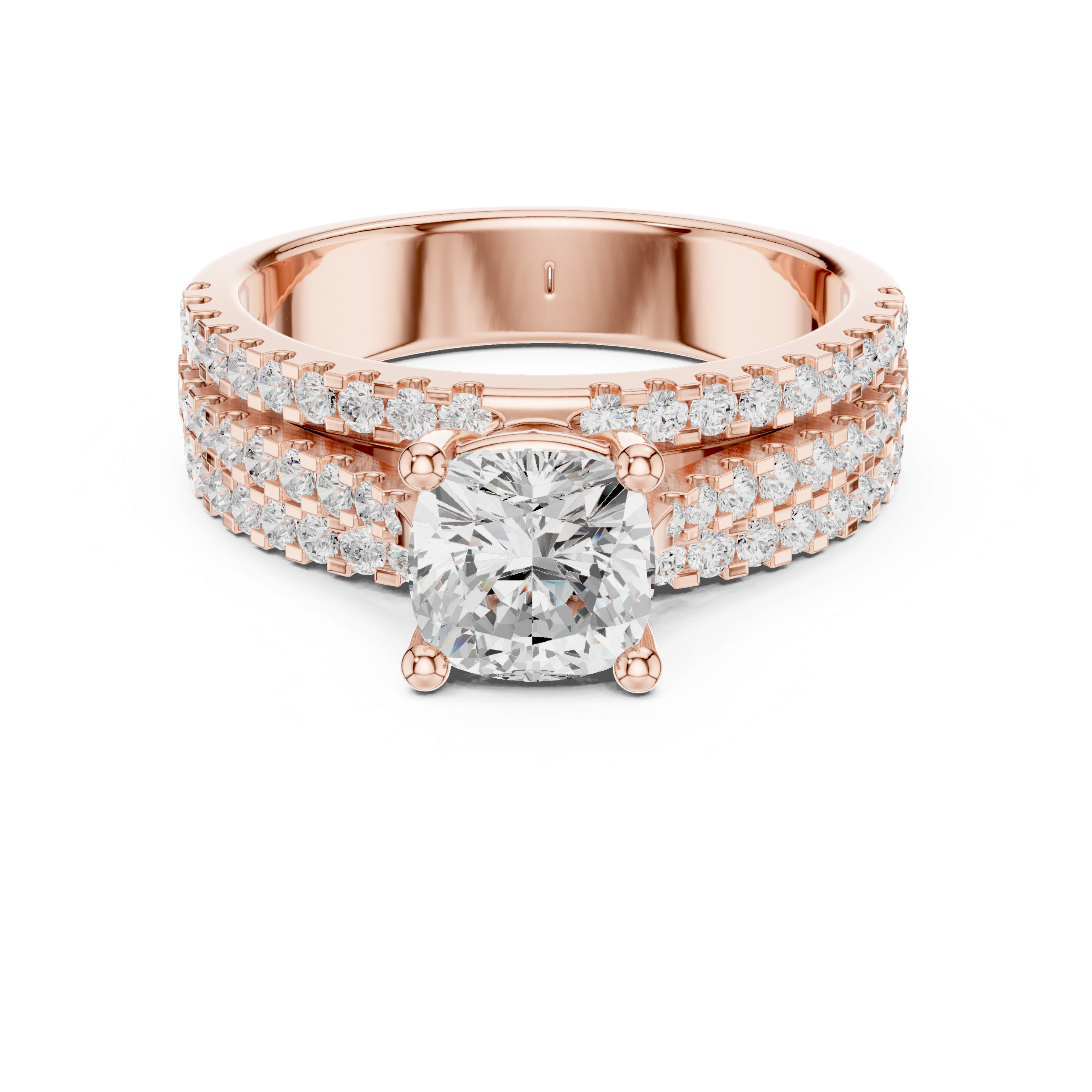 Rose gold ring with a large central diamond and smaller diamonds on the band against a white background