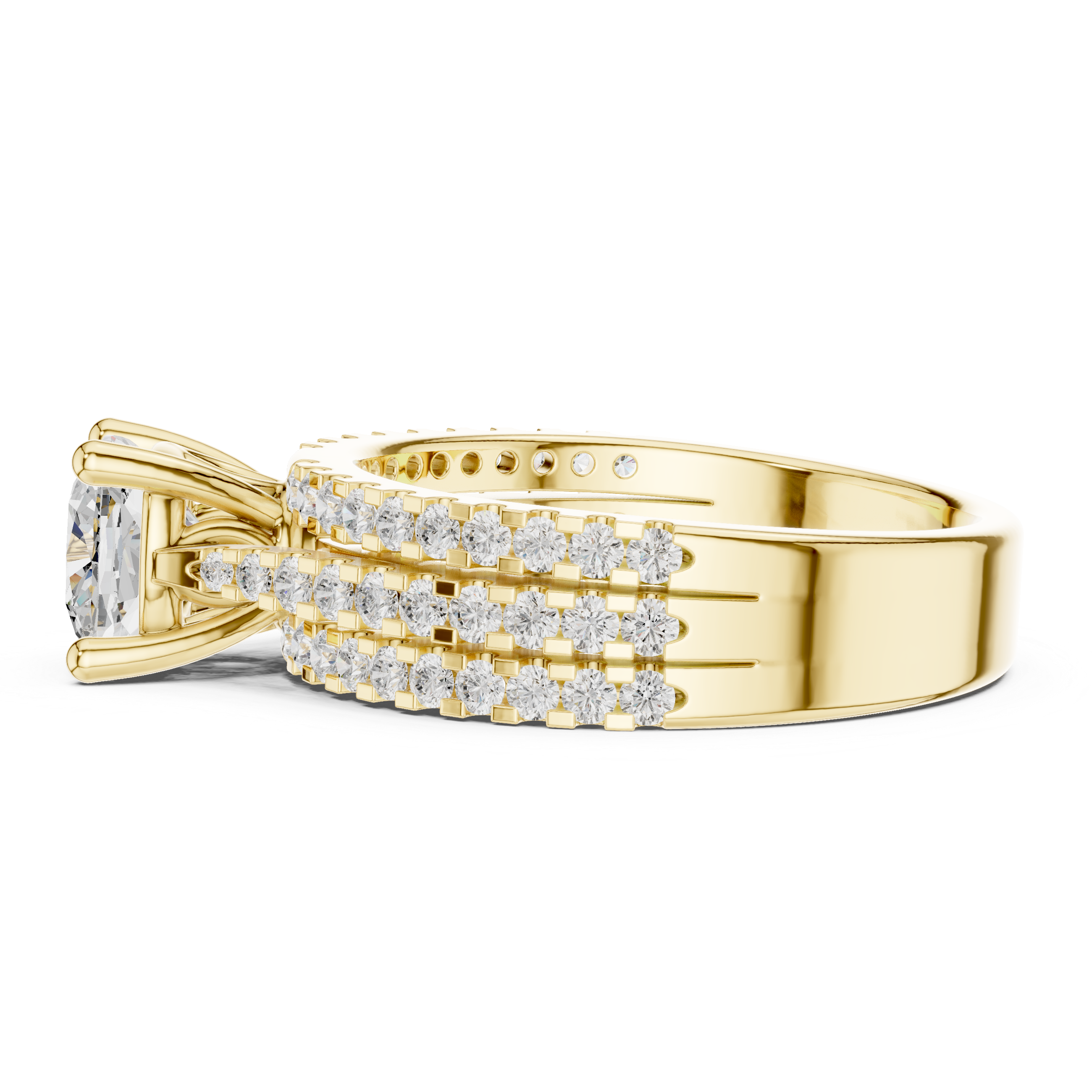 Gold ring with diamond accents on a white background