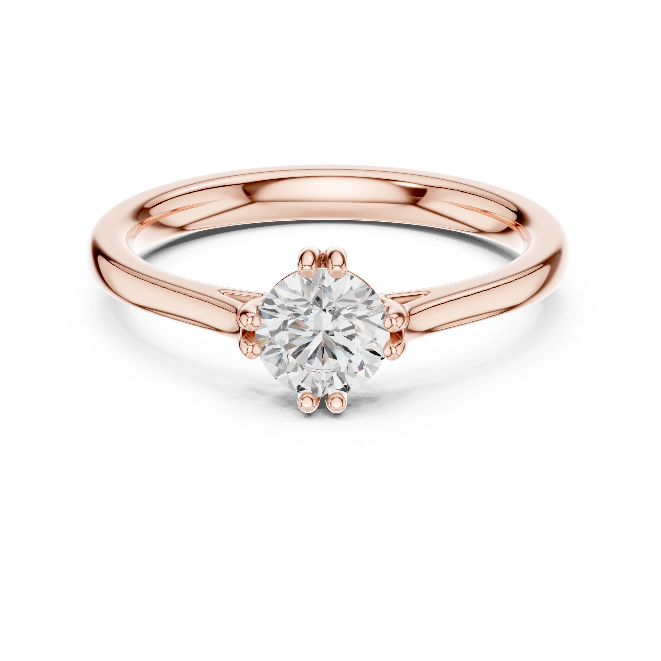 Rose gold ring with a diamond on a white background