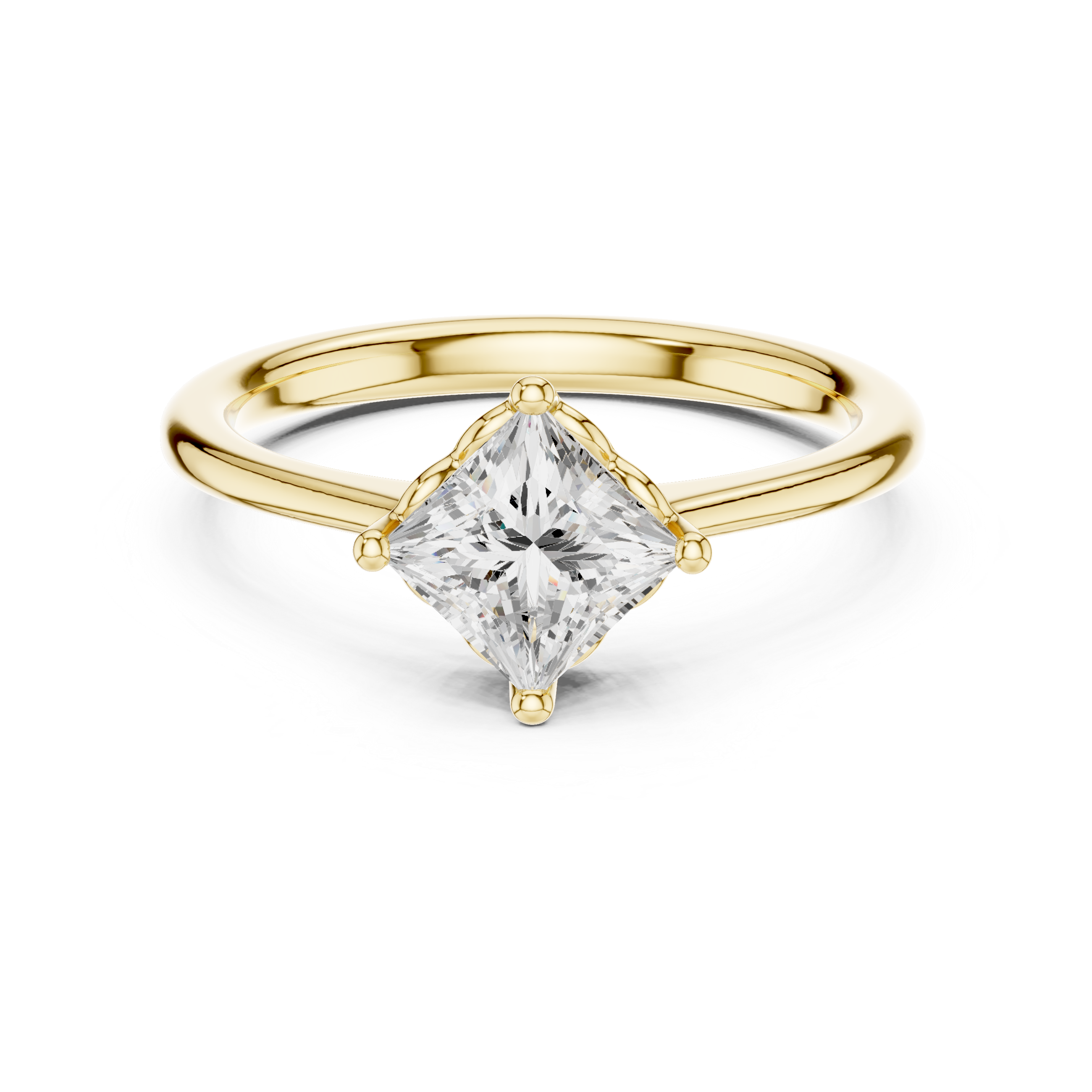 Gold ring with a clear gemstone on a white background