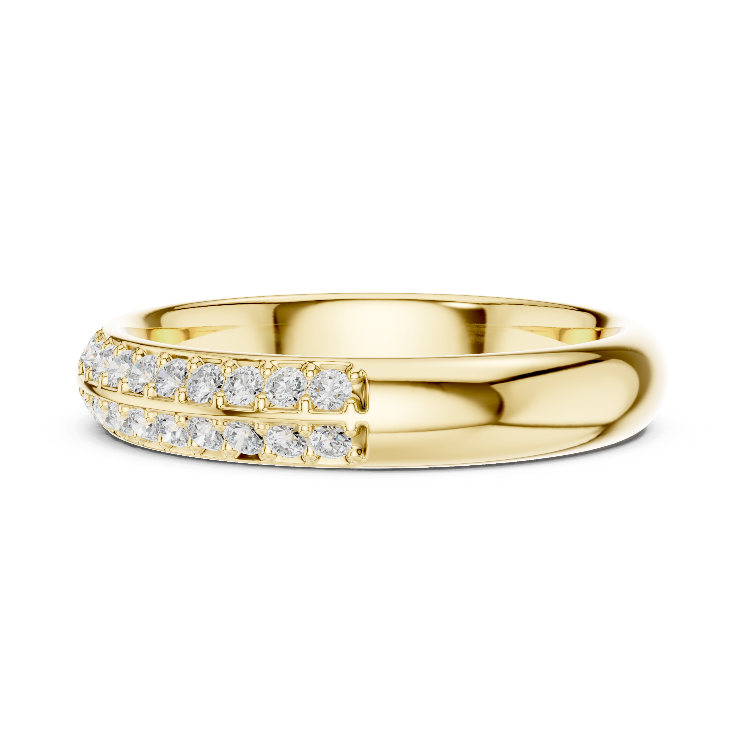 Gold ring with diamond accents on a white background