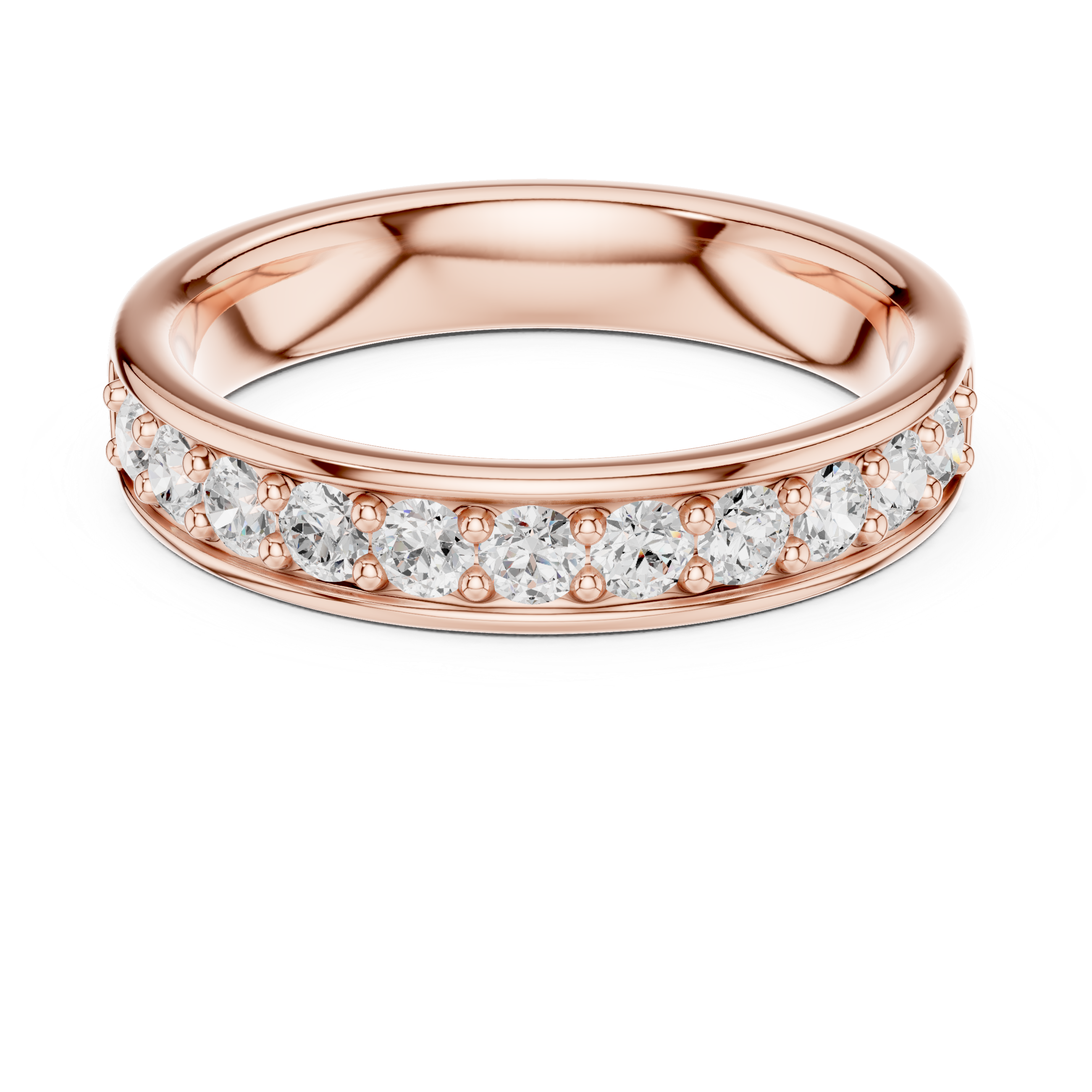 Rose gold ring with diamonds on a white background