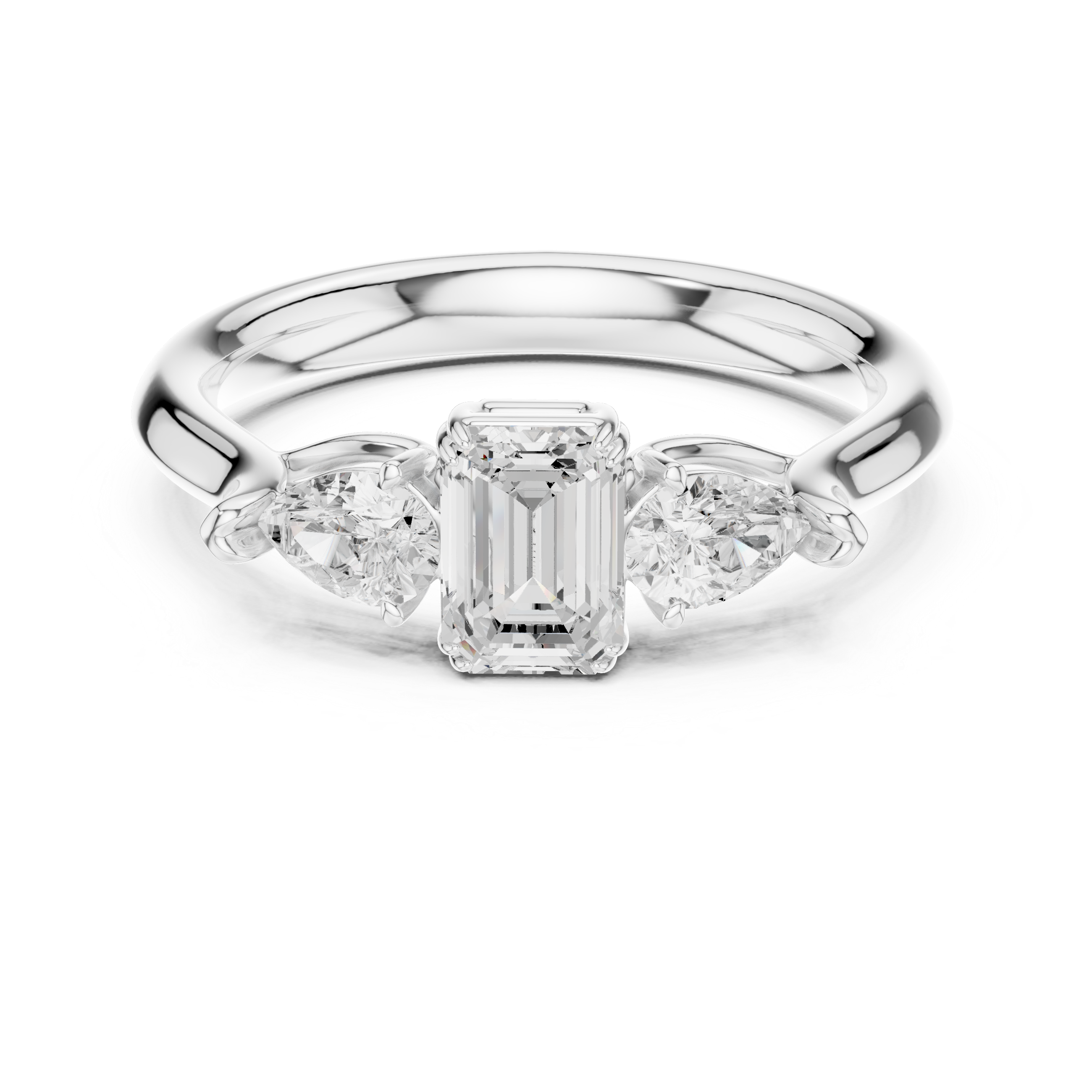 Silver ring with emerald-cut center stone and pear-shaped side stones on a white background