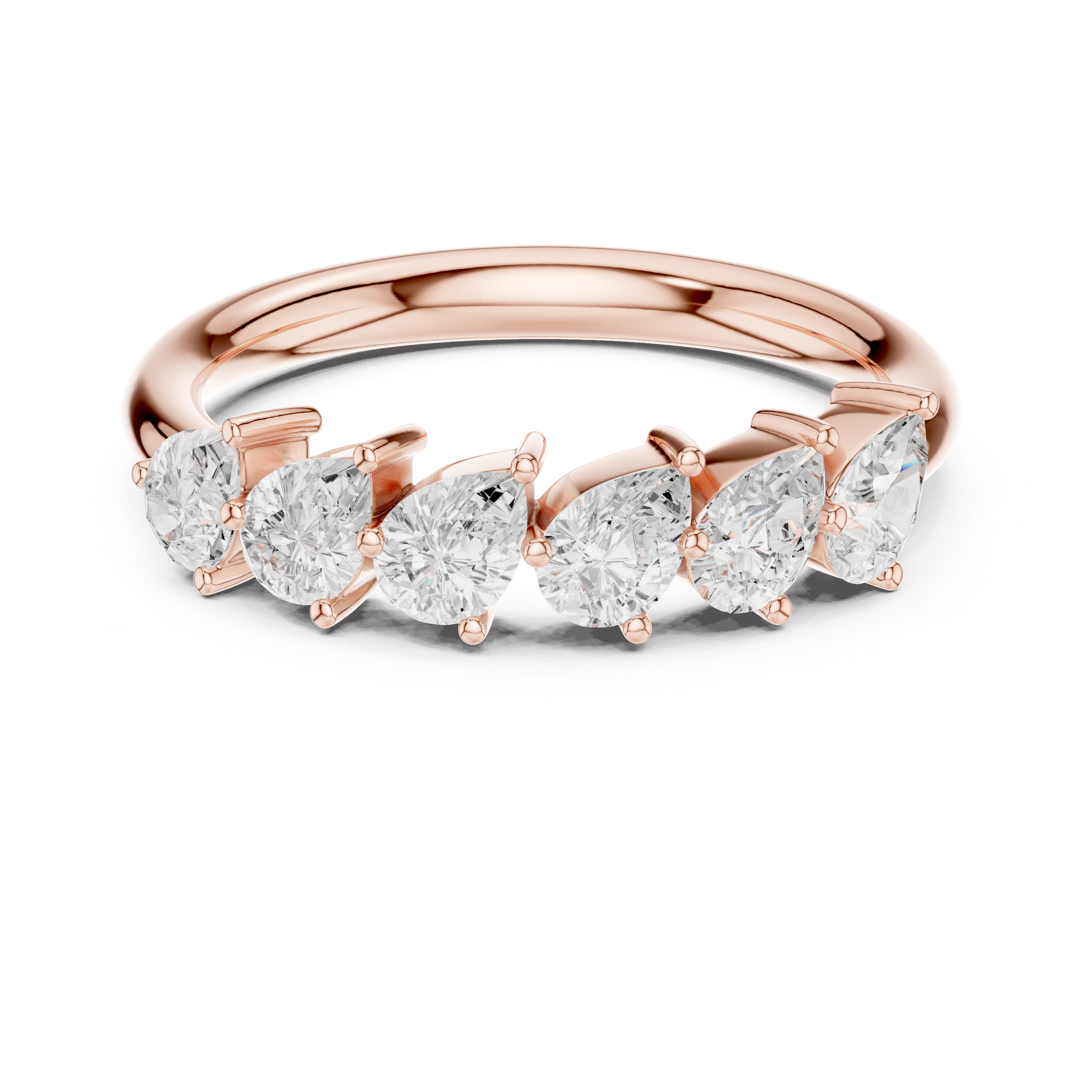Rose gold ring with clear gemstones on a white background