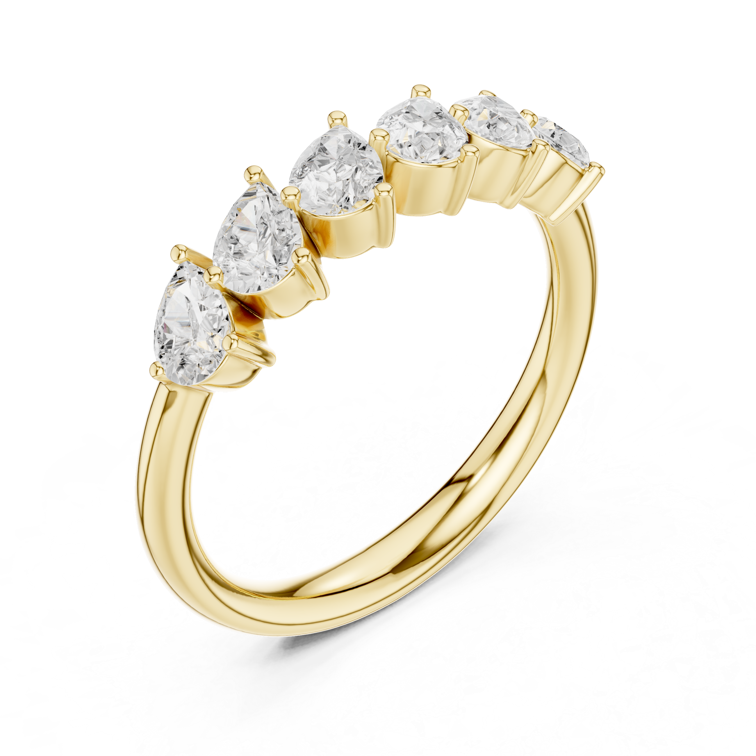 Gold ring with pear-shaped diamonds on a white background