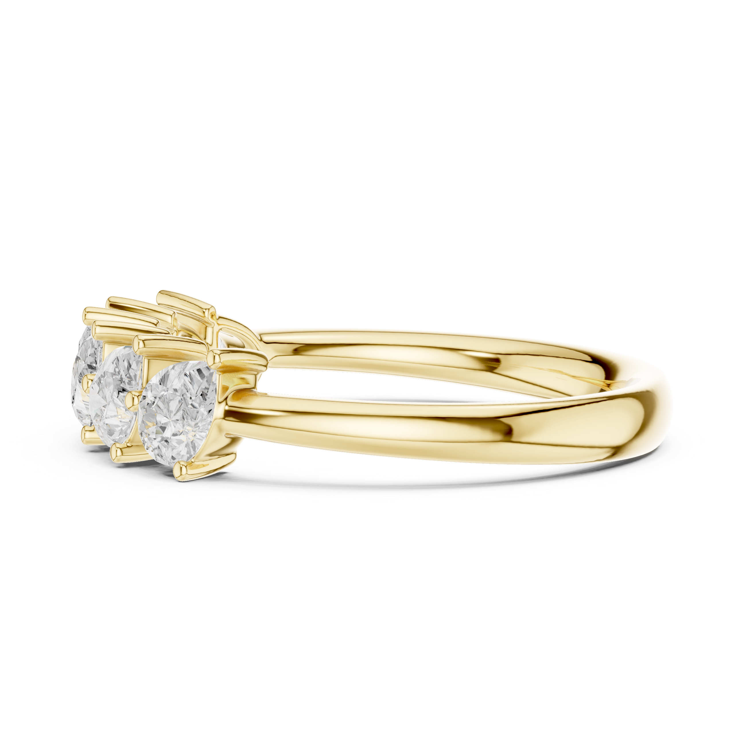 Gold ring with three heart-shaped diamonds on a white background
