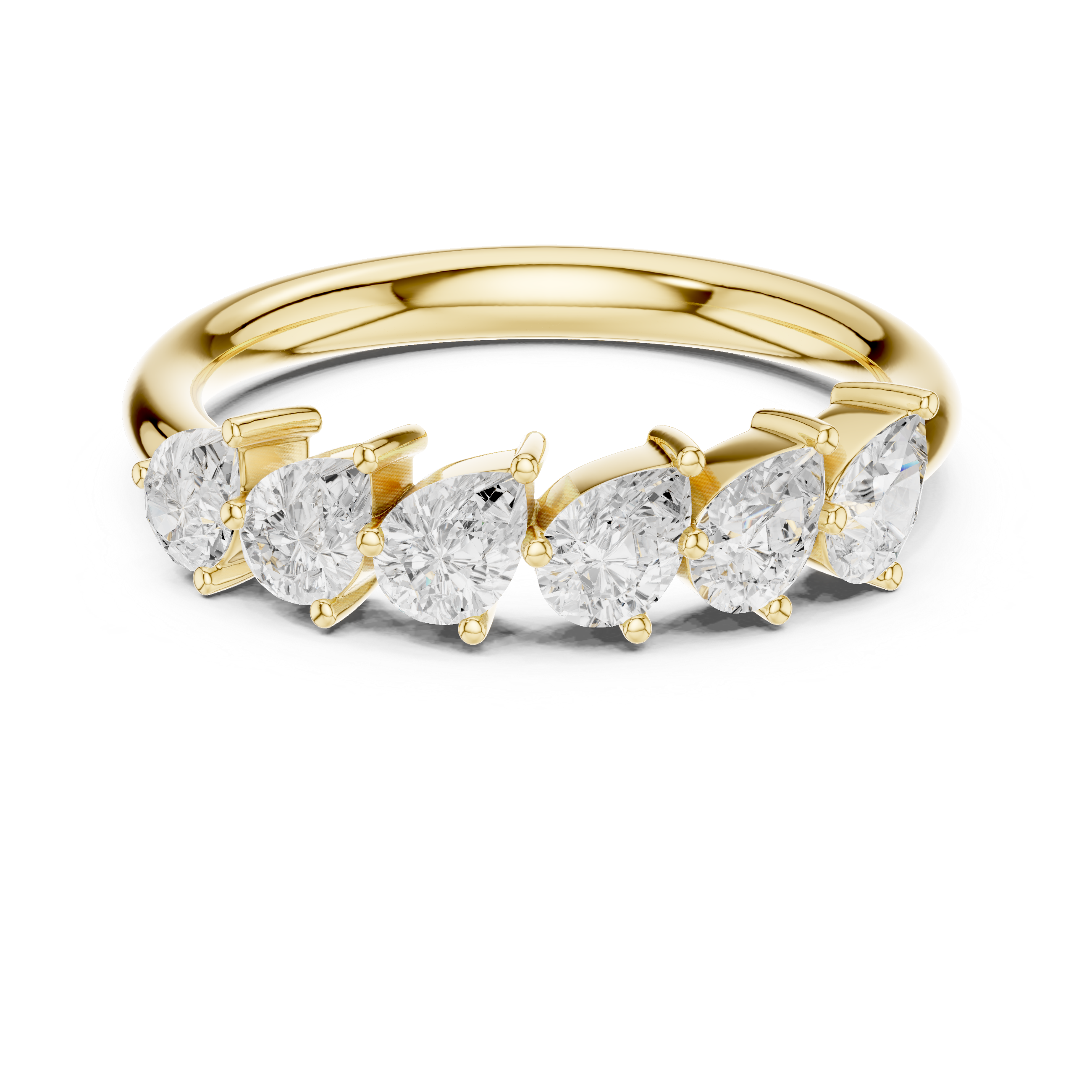 Gold ring with five pear-shaped diamonds on a white background